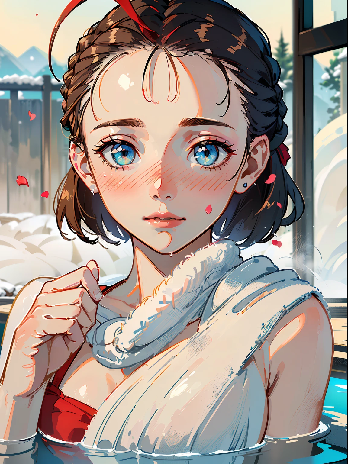 ((((((( ,Blushing,Watery cheeks,maroom hair，large towel))))))，((1girl,Solo,Solo,Solo,Amazing,Cute Korean mixed-race girl，rosto magro,))(Masterpiece,Best quality, offcial art, Beautiful and aesthetic:1.2),((超高分辨率,Golden ratio,)) (4k),((Rose petals，snow,snow pieces)),(Physically-based rendering),((((natural onsen ,outdoor,)))) (((highdetailskin,)))，((Hibiscus face)),((((detailed hairs|short hair|french braid|forehead|soaked hair|ponytail|ahoge)))),Slender,(masterpiece sidelighting),(The sheen),(Beautiful hair,Beautiful eyes,）[[Delicate fingers and hands:0.55]::0.85],(Detail fingers),(((Superior quality,)))),((unbelievable Ridiculous quality,)),((extremely_Detailed_Eyes_and_face)),Movie girl,(Dynamic configuration: 1.2),Brilliant, (Photorealistic), ((hair ribbon)),Ultra-precise depiction, Ultra-detailed depiction