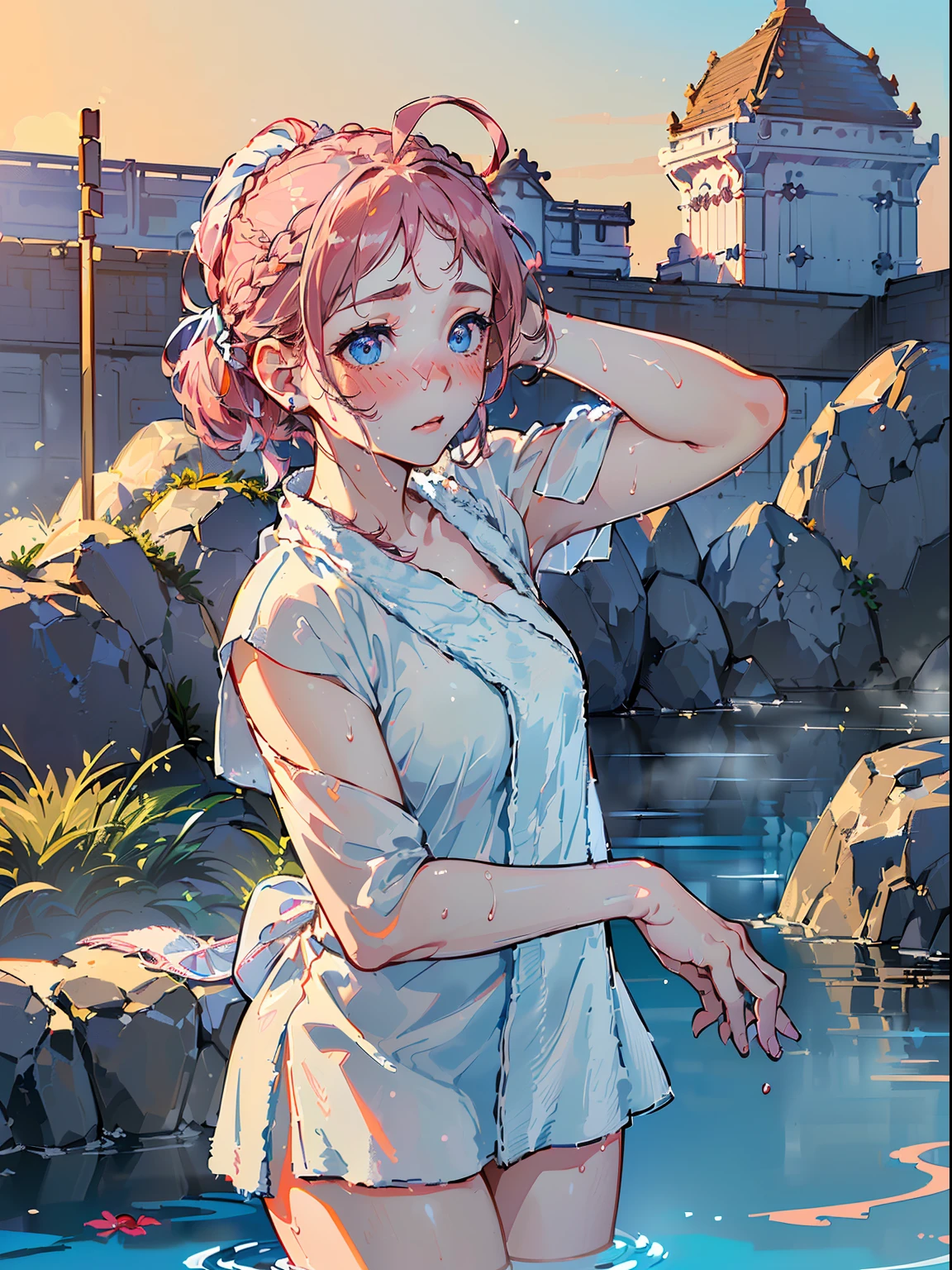 ((((((( ,Blushing,Watery cheeks,maroom hair，large towel))))))，((1girl,Solo,Solo,Solo,Amazing,Cute Korean mixed-race girl，rosto magro,))(Masterpiece,Best quality, offcial art, Beautiful and aesthetic:1.2),((超高分辨率,Golden ratio,)) (4k),((Rose petals，snow,snow pieces)),(Physically-based rendering),((((natural onsen ,outdoor,)))) (((highdetailskin,)))，((Hibiscus face)),((((detailed hairs|short hair|french braid|forehead|soaked hair|ponytail|ahoge)))),Slender,(masterpiece sidelighting),(The sheen),(Beautiful hair,Beautiful eyes,）[[Delicate fingers and hands:0.55]::0.85],(Detail fingers),(((Superior quality,)))),((unbelievable Ridiculous quality,)),((extremely_Detailed_Eyes_and_face)),Movie girl,(Dynamic configuration: 1.2),Brilliant, (Photorealistic), ((hair ribbon)),Ultra-precise depiction, Ultra-detailed depiction
