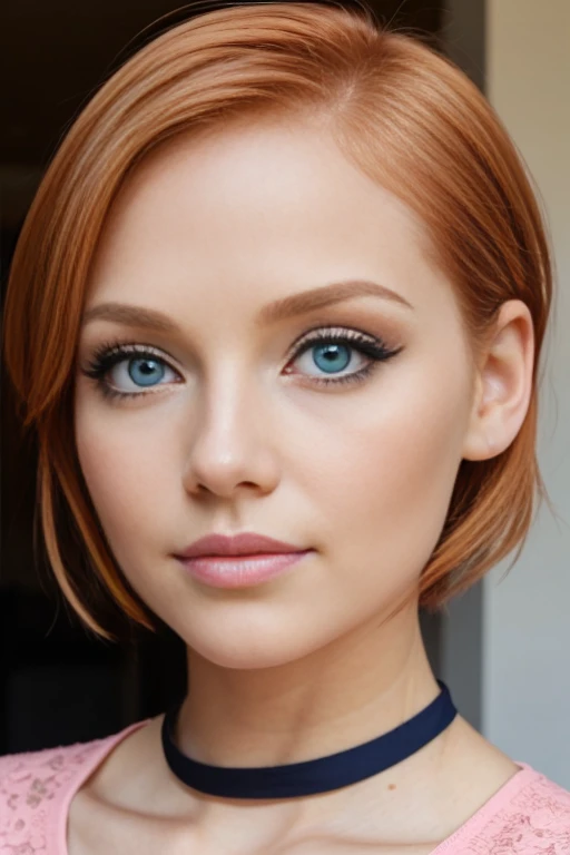 Petite 30 year old girl with short strawberry blonde hair and striking blue eyes wearing eye liner, pink lips