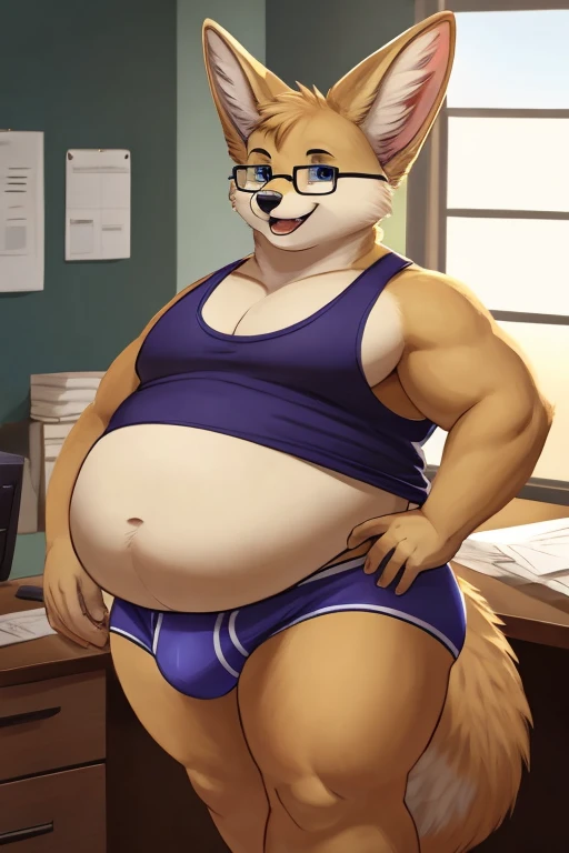 solo, male, fennec fox, digigrade, black and brown fur, blue sclera, grey eyes, extremely fat cheeks, obese, large belly, wearing glasses, wearing tank-top, wearing briefs, looking at viewer, open smile, relaxed posture, indoors, standing in office