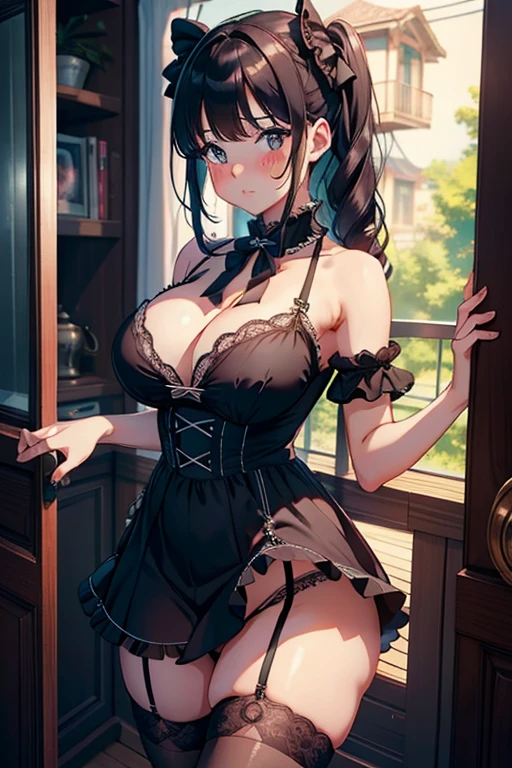 ultra realista 8k CG, master part, 1girl, cute face,embarrassed face, big tits, thick thighs, ta dress, , lace underwear
