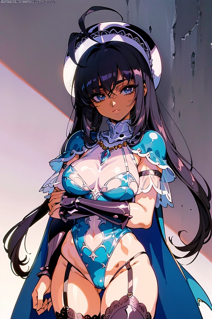 "(masterpiece:1.1), best quality,
1girl, (80s anime style:1.4), (eyelashes:1.5),
(intricate high detailed body:1.2),
black hair,
(hair over one eye:1.1),(wavy twintails:1.1), (holy hat:1.2),
brown eyes, (gothic makeup, red lip stick, eye shadow:1.1),
(dark skin:1.3), (slim body:1.2), (large breasts:1.1),
happy, smile,
(see-through leotard armor:1.2), (garter belt:1.2),
(spiked knight armor, armored boots, capelet:1.2), (ribbon:1.1), (ahoge:1.2), crystal necklace,
standing, crossed arms,
(cowboy shot, shoot from front:1.5),
(simple white background:1.2)"