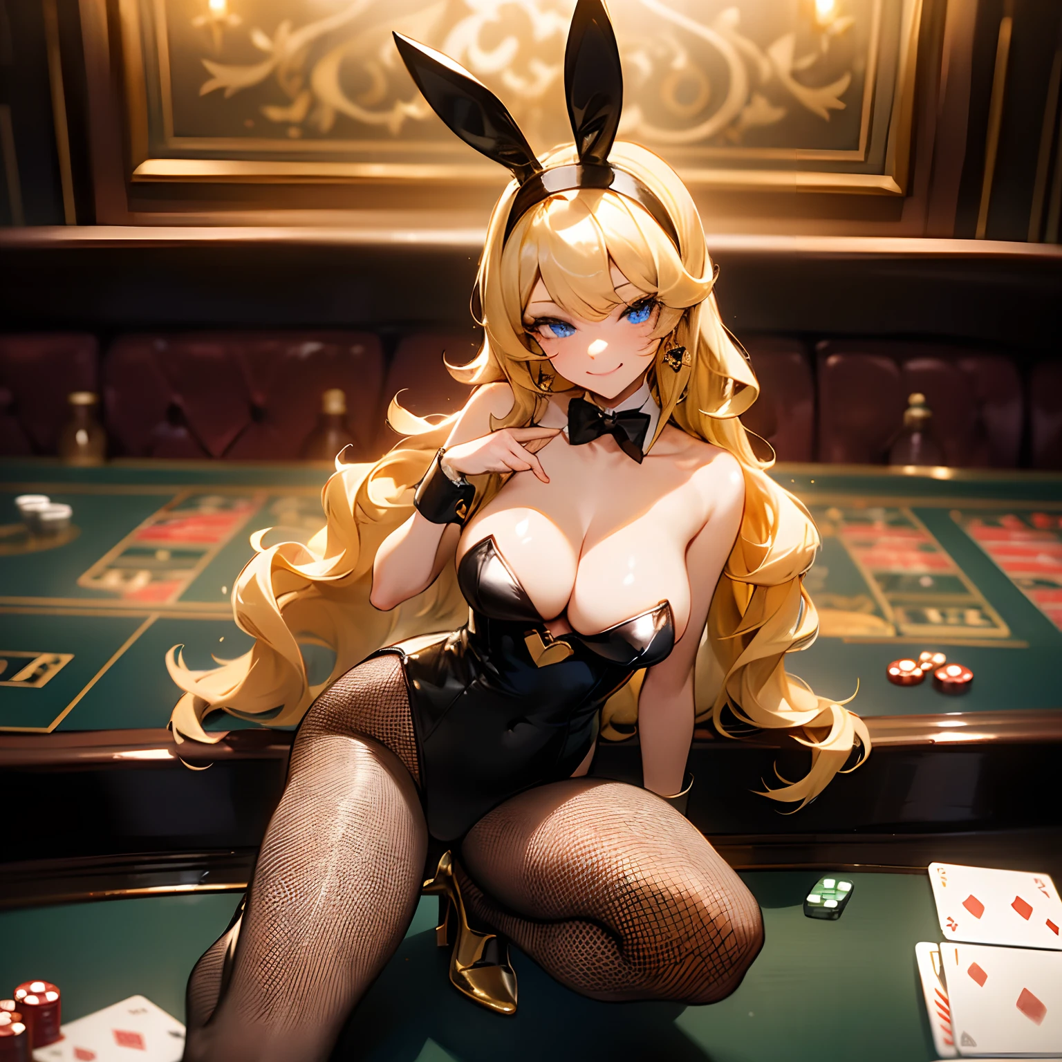 ((Masterpiece, solo, night), casino, casino bar, playing cards, alchohol bottles, gold coins), cute anime girl, ((on knees on tabletop, smiling, blonde hair, long hair, wavy hair, blue eyes, cleavage, large breasts)), earrings, bunny girl suit, ((black bunny girl outfit, fishnet stockings, black stilettos)), white bunny ear headband, earrings