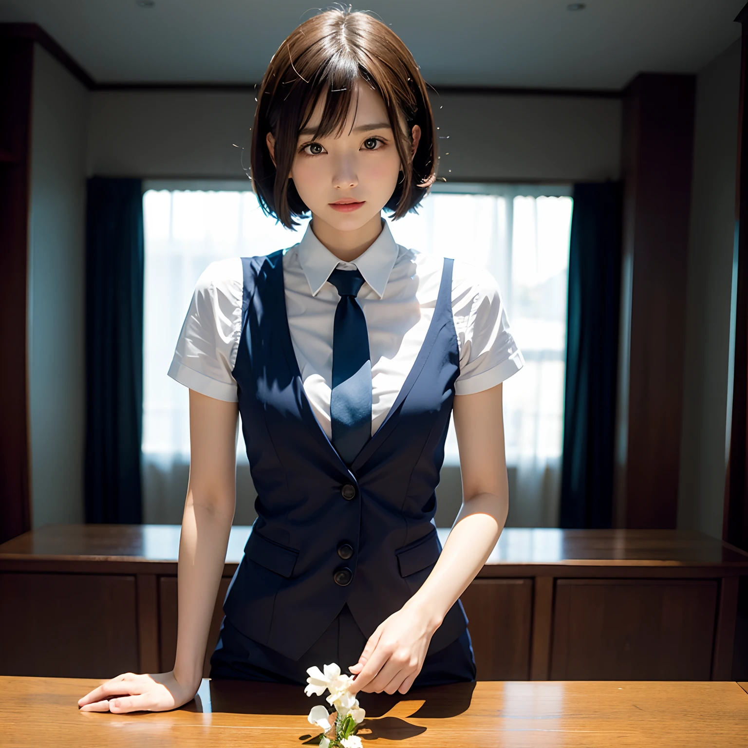 (masutepiece, Best Quality:1.2), 8K, Official art, Full body photo, full body Esbian、Emma fastening her tie.trouser、Cute smile、feet shoulder-width apart、slender and neat legs、Standing、A dark-haired、14years、small tits、A delightful、A smile、unbelievable Ridiculous, (Upper body, Dark blue suit:Cute Tie 1.4), Beautiful Girl, Pretty Face, arching back down, cute butt、Gold hair ornament on hair、Wearing a cute suit、Decide on a pose、close up, Wearing a suit, Short sleeve, gardenia, violaceaess, Teen, mysterious background, Looking at Viewer, Film grain, chromatic abberation, Sharp Focus, face lights, Dynamic lighting, Cinematic lighting, Eyes and faces with detailed, Bokeh background, (Tie with Emma written on it、1 copy:1.2)