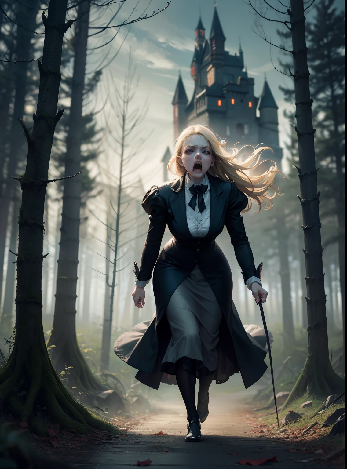 once upon a time, Dracula attack over a blonde england woman, she is startled and tries to run away, realistic, detailed, horror movie style, night forest with creepy old castle, surreal, masterpiece