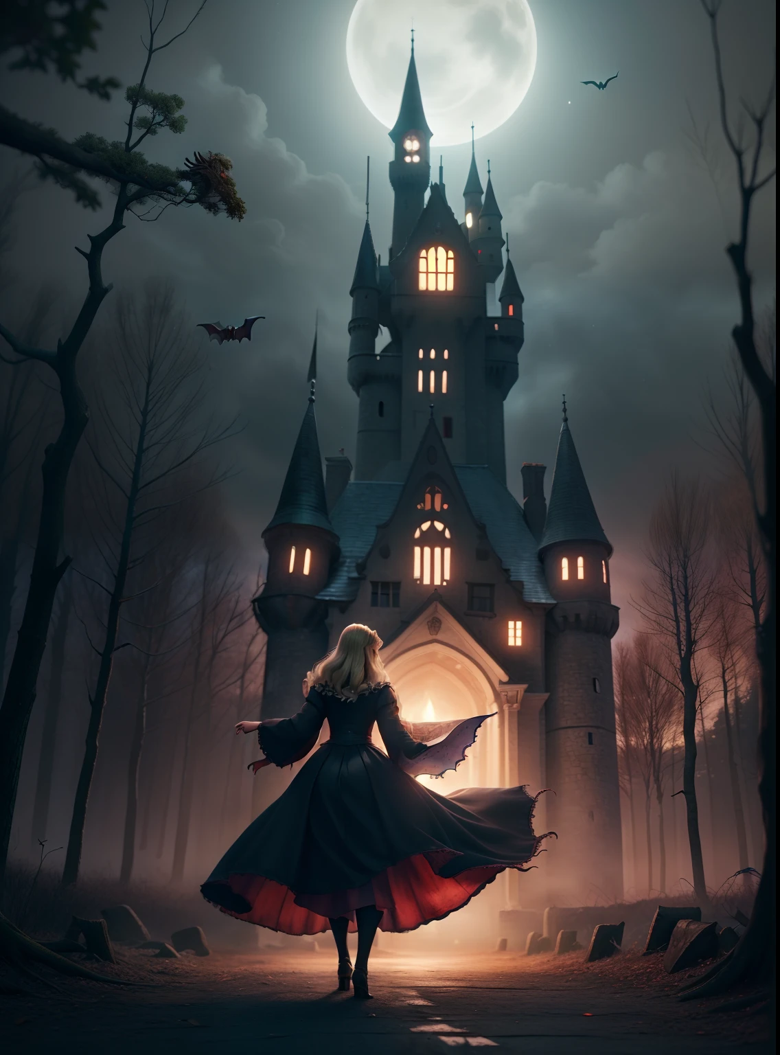 once upon a time, Dracula attack over a blonde england woman, she is startled and tries to run away, realistic, detailed, horror movie style, night forest with creepy old castle, surreal, masterpiece