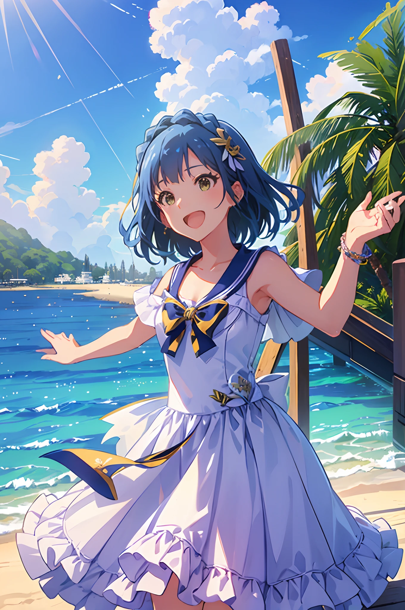 yuriko nanao (million live), 1 girl, Solo, Cute Girl, Best Quality, Ultra-detailed, 8K, High resolution, Detailed face, Cinematic Angle, Bob Hair, Smile, :D, Opened mouth, outstretched arms, idol costume, (((Sailor Color Dress))), White Dress, Short sleeves, Small hat, (((shining sky, Summer, Beach, Resort, palm tree,)))