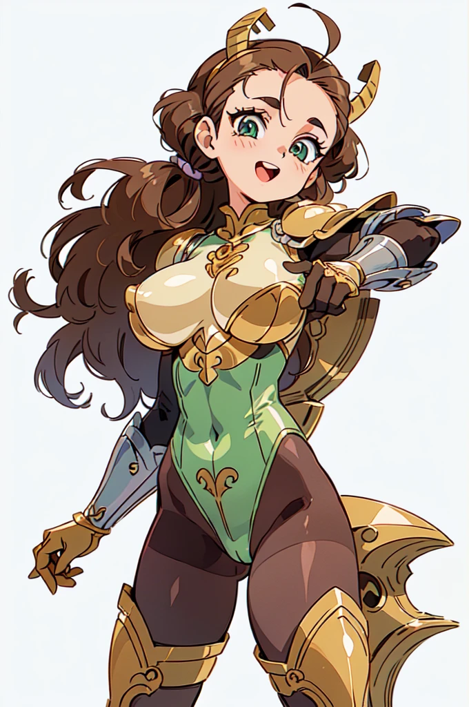"(masterpiece:1.1), best quality,
1girl, (80s anime style:1.4), (eyelashes:1.5),
(intricate high detailed body:1.2),
brown hair,
(forehead, hair slicked back:1.2), (wavy twintails:1.1), (demon horns:1.2),
green eyes,
( body:1.2), (gigantic breasts:1.5),
light smile, open mouth,
(golden embroidery leotard armor:1.2), (pantyhose:1.3),
(knight armor, armored boots:1.2), (fur:1.1), (ahoge:1.2), gloves,
standing, peace,
(cowboy shot, shoot from front:1.5),
(simple white background:1.2)"