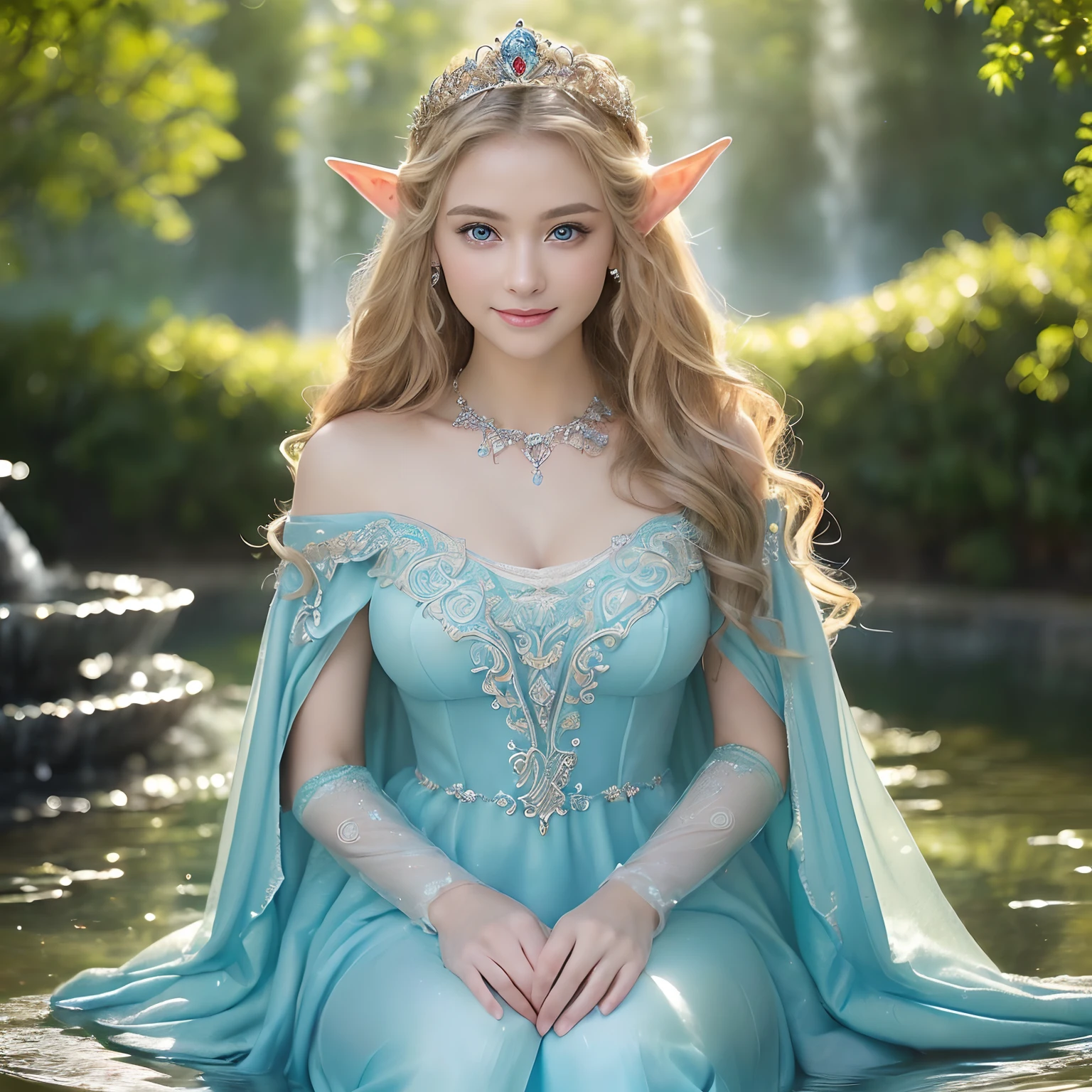(Blue eyes that glow like light:1.5),(Sparkling blue eyes:1.5),(Cat-like pupils:1.5),(Clear, sparkling blue eyes:1.5)、((masutepiece、top-quality、Award-Winning Works、Very detailed and elaborate、The most complex and detailed textures、Super High Detail))、(A beautiful fountain in the background:1.5)、(Dresses that emit divine light:1.5)、((The most beautiful elven princess、elf-ears、The most sacred princess dresses to take from the knee up、The background is set in a complex and sacred forest、Beautiful Springs、There is a clear and beautiful spring、Dresses that shine with divine shine、Luminescence Spring、The most intricate and sacred dresses、Beautiful dress in yellow-green and white tones、The most beautiful princesses in the world、Sacred and beautiful elves、The most beautiful face、The most complex depictions of elven princesses、Accurate reproduction of the details of the perfect elven princess、The most complex and detailed forests、Luminous Dresses、Filled with Divine Light、Luxurious tiaras and necklaces、spectacular movie lighting))、((Most beautiful face,Half Japan and half Spanish、Beautiful smile、Beautiful wavy hair、The most luxurious and intricate dresses、Smile while staring at the camera、maternal、Chest that seems to burst、A dress that tightens the waist、Slimed,Colossal tits、Emphasize body lines、masutepiece,8K、very intricate、ultra-detailliert))