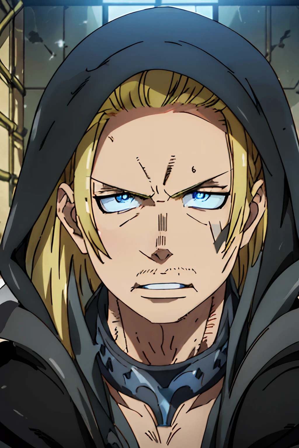 Tall blonde haired man, bright blue eyes, steel neck piece, black cloak, wrapped in a black poncho, powerful looking, neutral looking face, milf stubble, black sunglasses, powerful, scar over left eye, detailed, extremely detailed, masterpiece