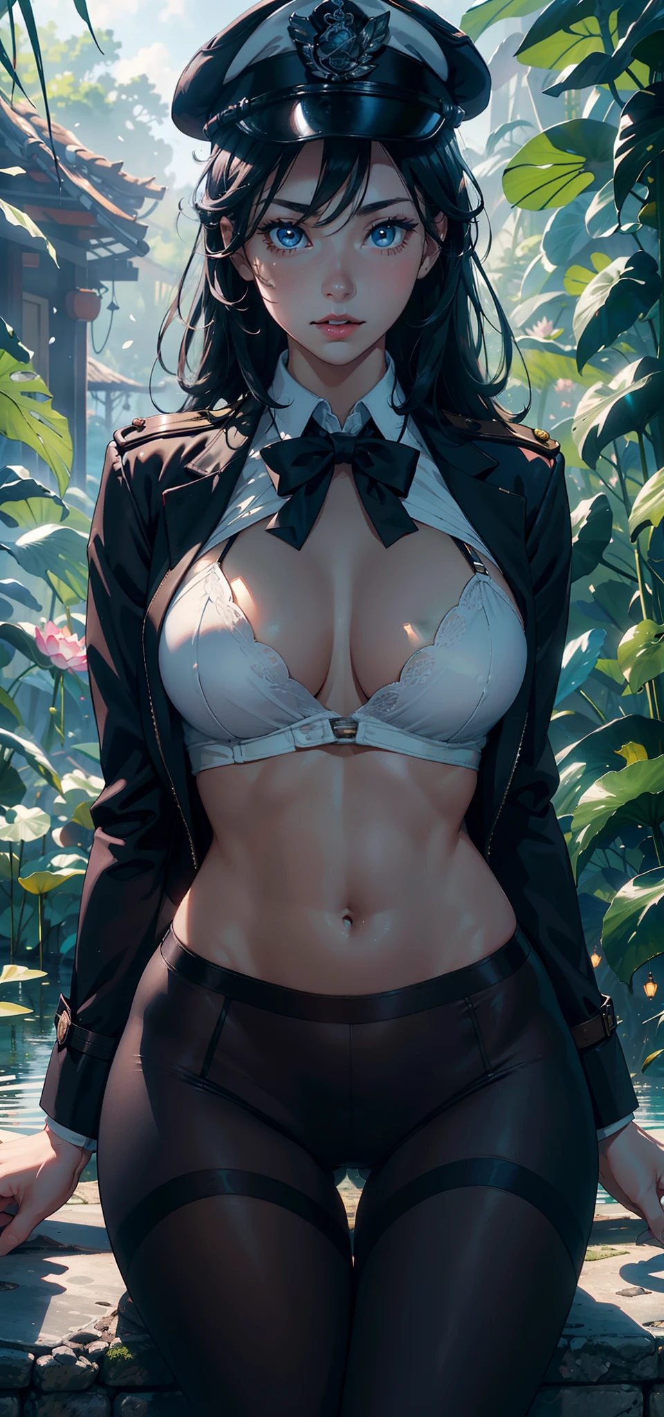 1female，35yo，plumw，extremely large bosom， 独奏，（Background with：the rainforest，lotus flower，Ground area water） She has very short black hair，bobo head，Stand deep in the forest，seen from the front， hair straight， mostly cloudy sky，（（（tmasterpiece），（Very detailed CG unity 8K wallpaper），best qualtiy，cinmatic lighting，detailed back ground，beatiful detailed eyes，Bright pupils，Blue eyes，Snow-whiteskin，Redlip（Very fine and beautiful），（Beautiful and detailed eye description），ultra - detailed，tmasterpiece，））facing at camera，A high resolution，ultra - detailed），revealing breasts，Bare genitalia，  Bulge，legs are open，Raised sexy，Camel toes，Flushed complexion，Desire for dissatisfaction，frontage，British Air Force，Aviator，Officer's cap（Wearing：blazer jacket，tailcoat，White color blouse，a black bowtie，Black pantyhose，Bare breasts）