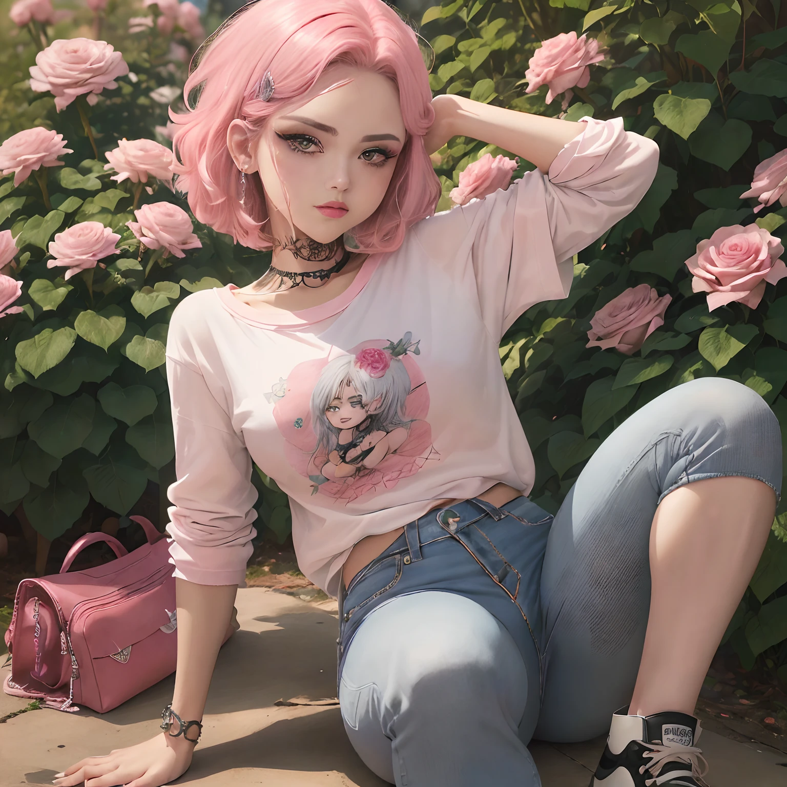 (((desenho animado emo)))) Courtney mulher fada loira, Penteado emo rosa feminino, camisa cavada  rosa emo, ...(("ASAS PRETAS E COR DE ROSAS"))... meias pretas e rosas, Pink Emo Pants, rosa Converse. no meio de  UM JARDIM DE ROSAS PRETAS