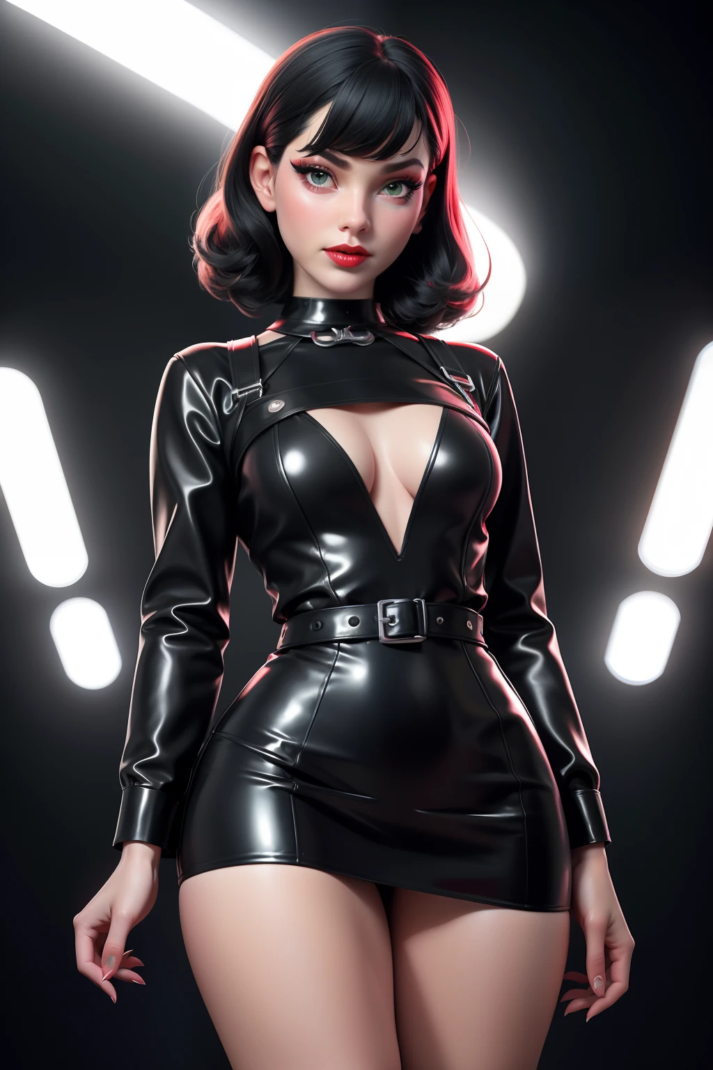 a wet and wild sexy femme fatal, woman in a black and white doted dress, wearing black and white doted dress, wearing 1960s fashion, polish facial feature, 1960s style clothing, 1960s cloth style, dystopian retro 1960s vibe, straight black hair, green eyes, black eye liner, red lips, medium breasts, covered small hard , Spy look, Black and White latex, White latex body leg harness, white choker, up skirt, open legs, Dramatic Light, cinema lighting from the 1960s vintage_sci-fi, chadpo, red background