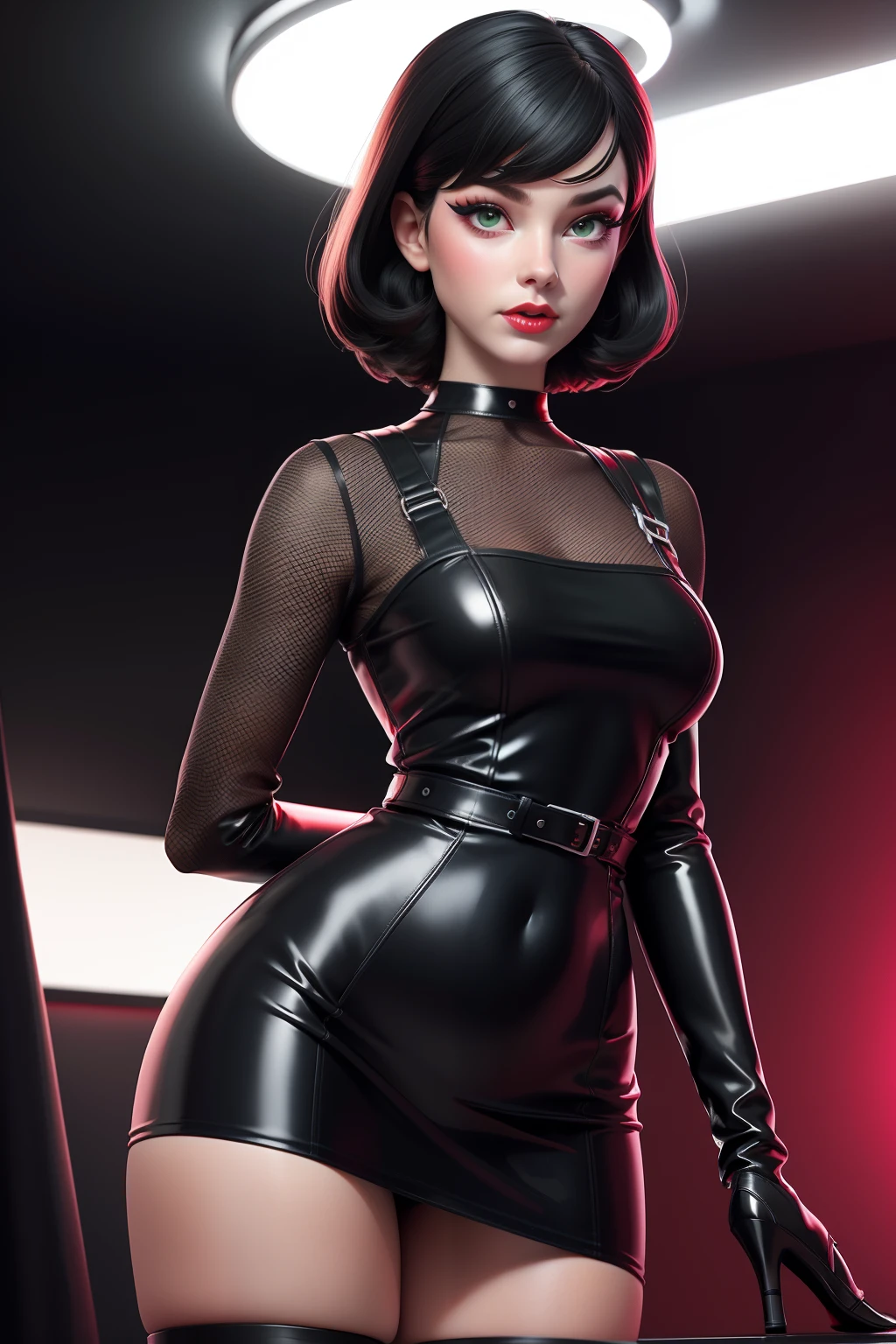 a sexy femme fatal, woman in a black dress, wearing black dress, wearing 1960s fashion, 1960s style clothing, 1960s cloth style, dystopian retro 1960s vibe, staight black hair, green eyes, black eye liner, red lips, medium breasts, covered small nipple, Spy look, Black latex, Black latex body leg harness, white choker Dramatic Light, cinema lighting from the 1960s vintage_sci-fi, chadpo