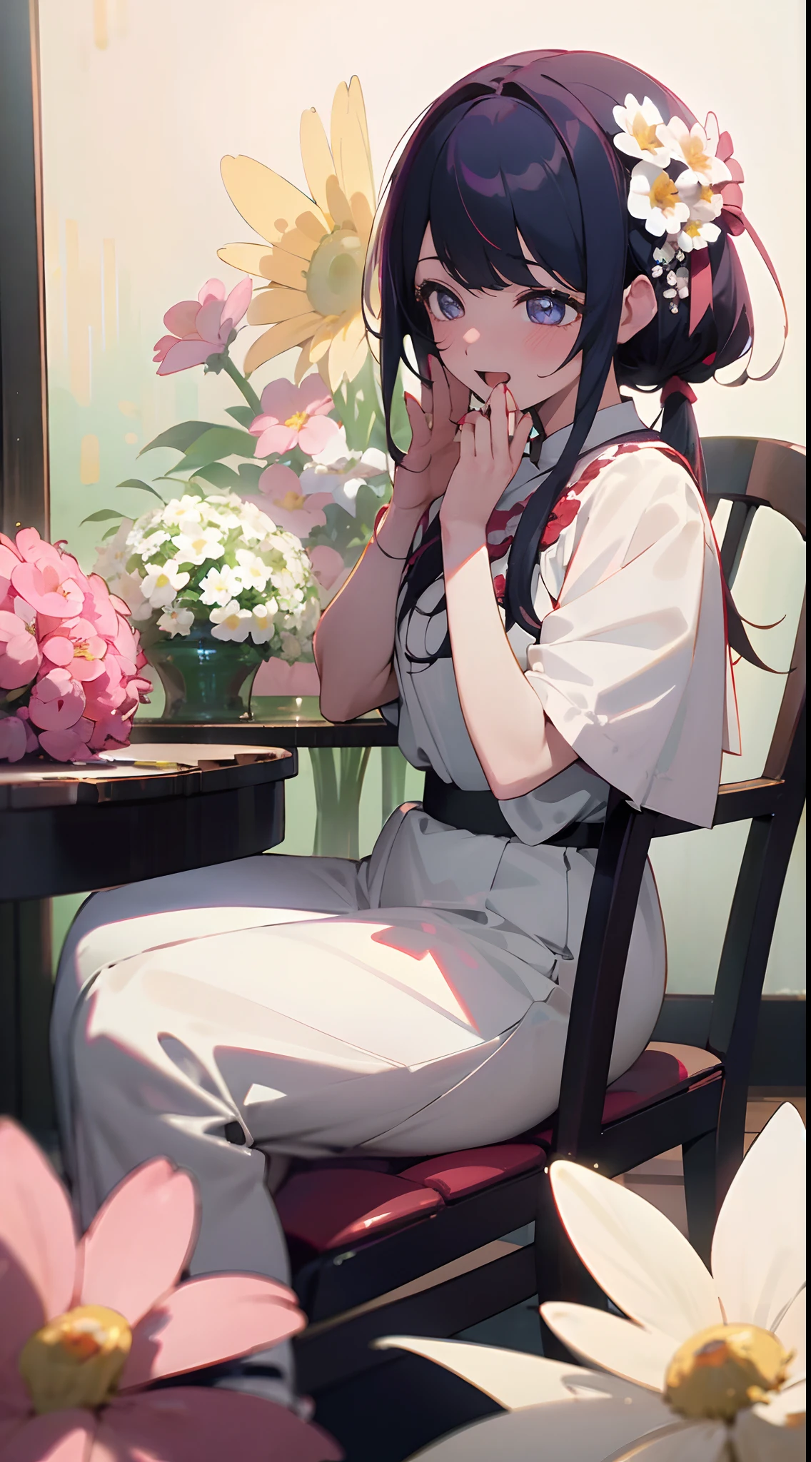 ((top-quality))、 ((masterpiece))、Matchmaking Photos、florals、Product Sample Costumes、Hoshino Ai、In front of the photo 、Eye Up、Opens mouth and laughs、Flowers in the foreground、Strong bokeh、bustup、sit a chair、Red nail polish on the nails of the hands、bio luminescent、radiant light