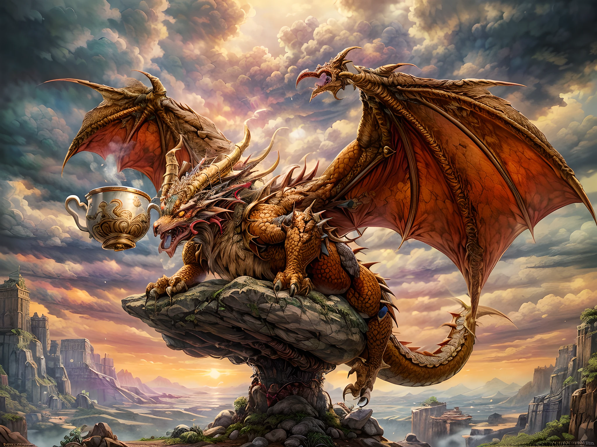 a picture of a red dragon sitting on a massive rock , (holding a tea cup: 1.3), (drinking hot tea from a porcelain tea cup: 1.5) (best details, Masterpiece, best quality :1.5), dragon_real cloudy skies background, an epic gold dragon (best details, Masterpiece, best quality :1.5) extremely detailed dragon,  horns, dragon_wings, dragon wings wide spread, ultra detailed face,  the tea cup is majestic, with intricate decorations  (best details, Masterpiece, best quality :1.3), steam rising from the tea cup, birds view, sun rays, red divine rays, sun rays reflected in clouds (best details, Masterpiece, best quality :1.5), sense of serenity sense of awe majestic atmosphere, ultra best realistic, best details, best quality, 16k, [ultra detailed], masterpiece, best quality, (extremely detailed), ultra wide shot, photorealism, depth of field, hyper realistic painting,