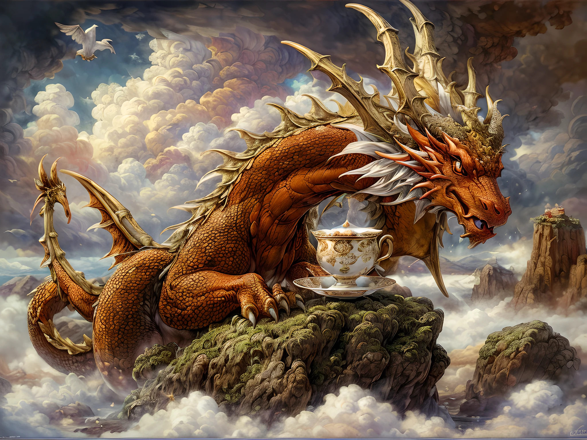 a picture of a red dragon sitting on a massive rock , (holding a tea cup: 1.3), (drinking hot tea from a porcelain tea cup: 1.5) (best details, Masterpiece, best quality :1.5), dragon_real cloudy skies background, an epic gold dragon (best details, Masterpiece, best quality :1.5) extremely detailed dragon,  horns, dragon_wings, dragon wings wide spread, ultra detailed face,  the tea cup is majestic, with intricate decorations  (best details, Masterpiece, best quality :1.3), steam rising from the tea cup, birds view, sun rays, red divine rays, sun rays reflected in clouds (best details, Masterpiece, best quality :1.5), sense of serenity sense of awe majestic atmosphere, ultra best realistic, best details, best quality, 16k, [ultra detailed], masterpiece, best quality, (extremely detailed), ultra wide shot, photorealism, depth of field, hyper realistic painting,