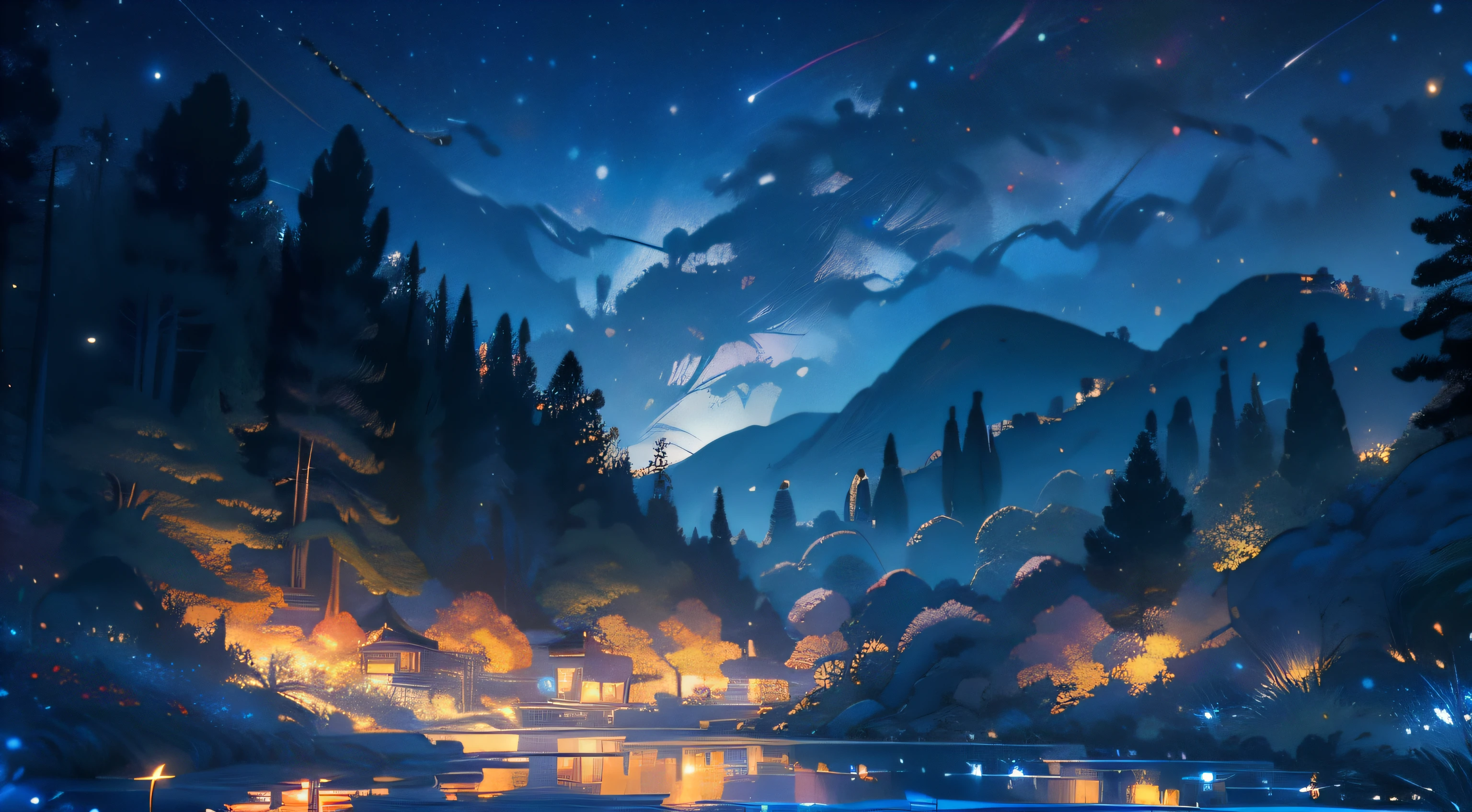 Master Part, splendid, Landscape, (((not_Humaean))), natta, blossom, a garden, starry skies, constellation, A cool, vista, Water, hot, snug, peaceful, meteor, universe, magia, magia, Particulates, just, ((fireflies))