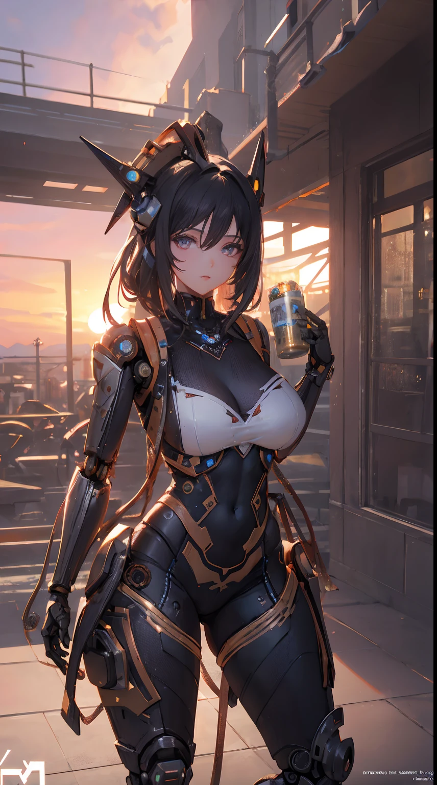 Photo of a steampunk robot woman, intricately detailed, Digital Lighting, Sunset gradient, Trending Art Station Headquarters, Octane Render, Unreal Engine 4 MDJRNY-V4 Style