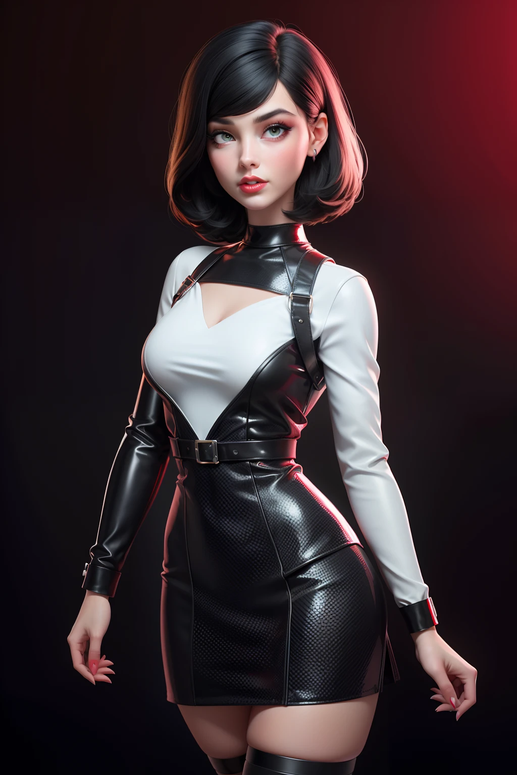 a hot and sexy femme fatal, woman in a black and white doted dress, wearing black and white doted dress, wearing 1960s fashion, 1960s style clothing, 1960s cloth style, dystopian retro 1960s vibe, straight black hair, green eyes, black eye liner, red lips, medium breasts, covered small hard , Spy look, Black and White latex, White latex body leg harness, white choker, up skirt, open legs, Dramatic Light, cinema lighting from the 1960s vintage_sci-fi, chadpo, red background