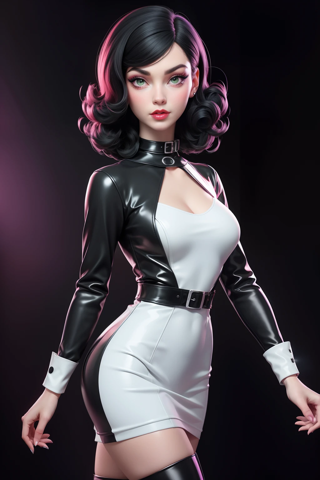 a sexy femme fatal, woman in a black and white doted dress, wearing black and white doted dress, wearing 1960s fashion, 1960s style clothing, 1960s cloth style, dystopian retro 1960s vibe, straight black hair, green eyes, black eye liner, red lips, medium breasts, covered small nipple, Spy look, Black and White latex, White latex body leg harness, white choker, Dramatic Light, cinema lighting from the 1960s vintage_sci-fi, chadpo, magenta background