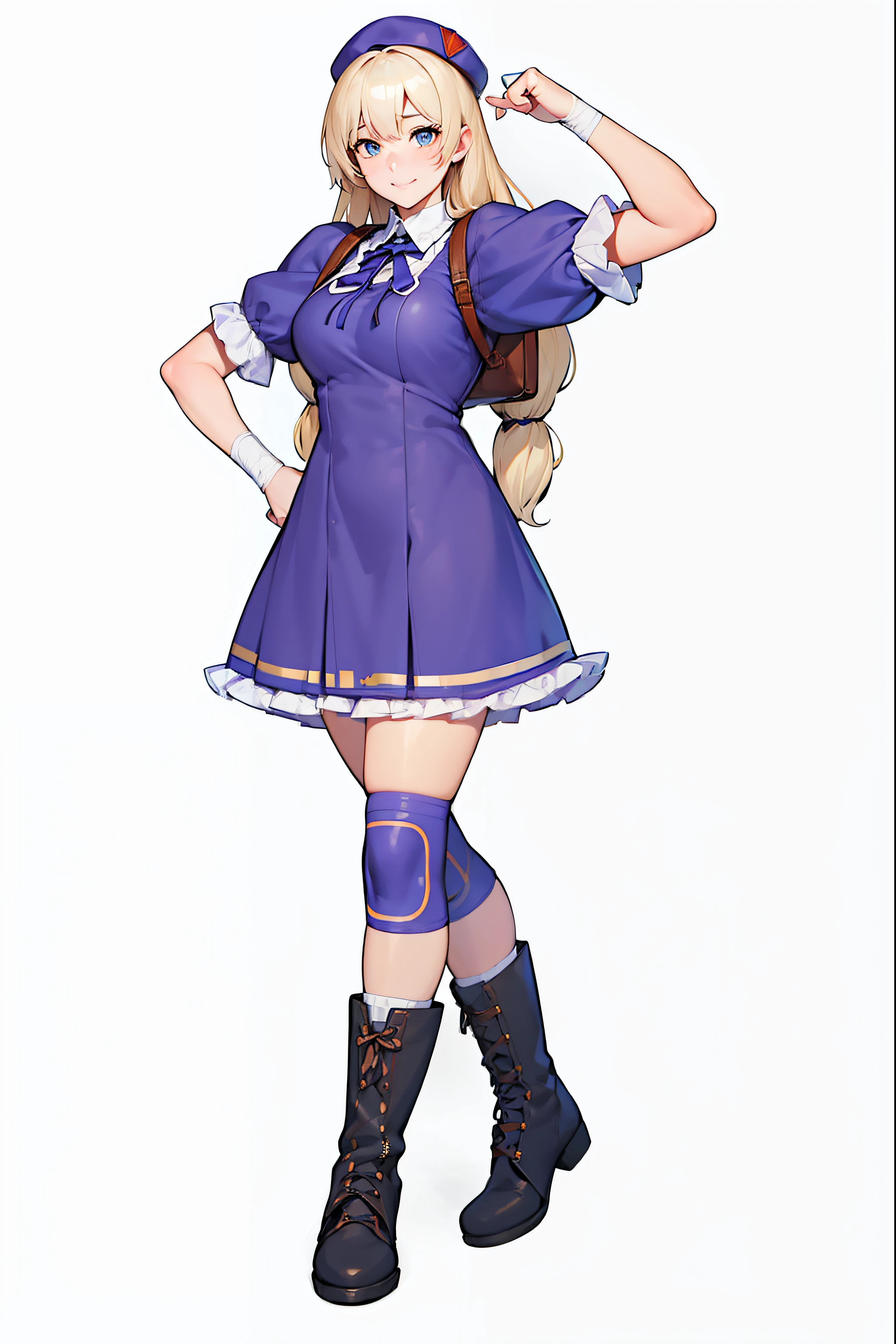 realistic photo of a young woman, 1girl, ((Russian)), (HinakoMS:1.4), hat, blue eyes, short dress, beret, bandages, bandaged fingers, (brown backpack) , ribbon, knee pads, short sleeves, (RAW photo, best quality), (realistic, photo-realistic:1.3), masterpiece, and (extremely delicate and beautiful), extremely detailed, CG, unity , 2k wallpaper, Amazing, finely detail, light smile, extremely detailed CG unity 8k wallpaper, huge filesize, ultra-detailed, highres, absurdres.