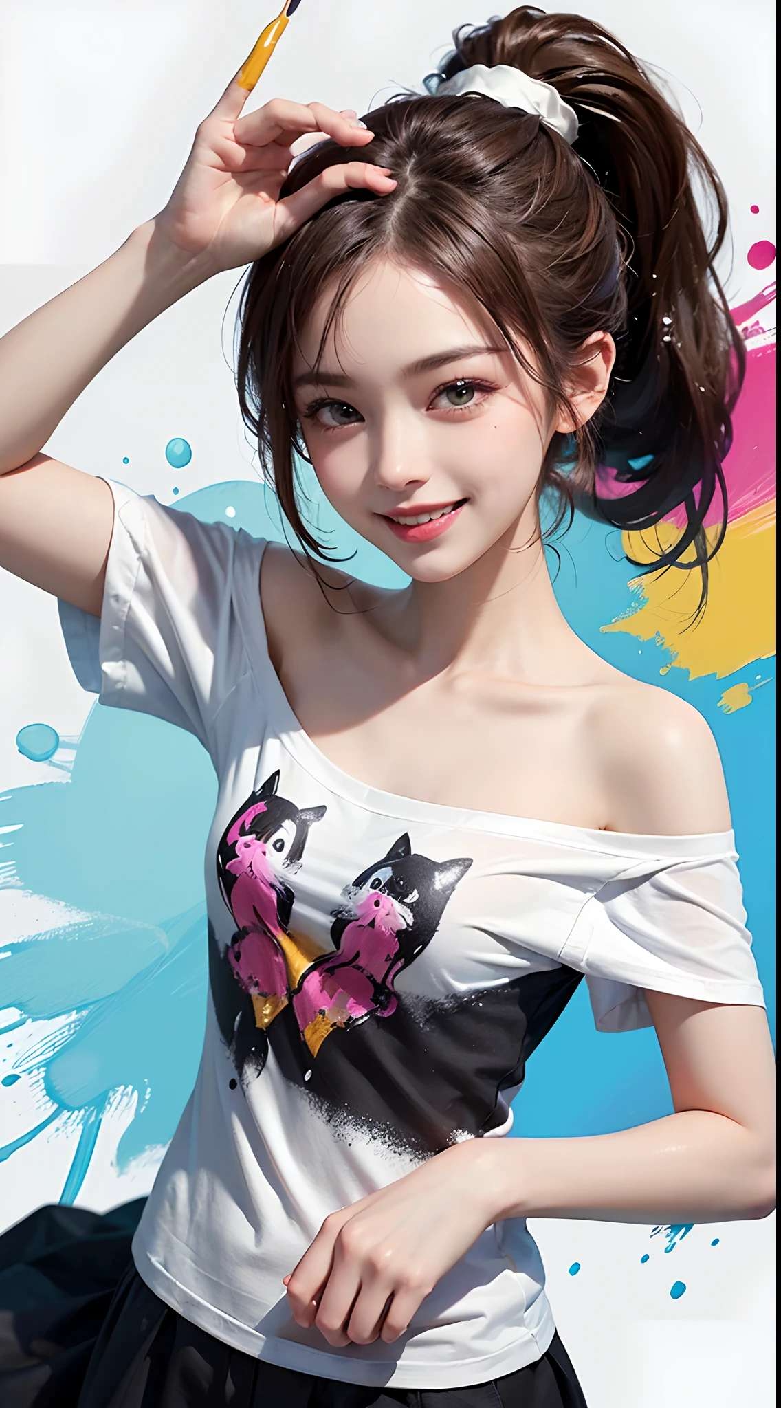 (solid background with vivid colored acrylic paint splashes:1.3), 1girl, (ponytail hair of several vivid colors:1.3), (small fresh, wipe chest), (white off-shoulder fashion T-shirt), (), (Highest Image Quality, Masterpiece), (lovely smile, excited), (sometimes hold a cat in her arms:0.6), dynamic pose