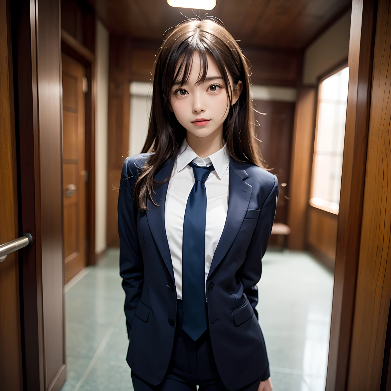 (masutepiece, Best Quality:1.2), 8K, Official art, Full body photo, full body Esbian、Emma fastening her tie.trouser、Cute smile、feet shoulder-width apart、slender and neat legs、Standing、A dark-haired、years、small tits、A delightful、A smile、unbelievable Ridiculous, (Upper body, Dark blue suit:Cute Tie 1.4), Beautiful Girl, Pretty Face, arching back down, cute butt、Gold hair ornament on hair、Wearing a cute suit、Decide on a pose、close up, Wearing a suit, Short sleeve, gardenia, violaceaess, Teen, mysterious background, Looking at Viewer, Film grain, chromatic abberation, Sharp Focus, face lights, Dynamic lighting, Cinematic lighting, Eyes and faces with detailed, Bokeh background, (Tie with Emma written on it、1 copy:1.2)
