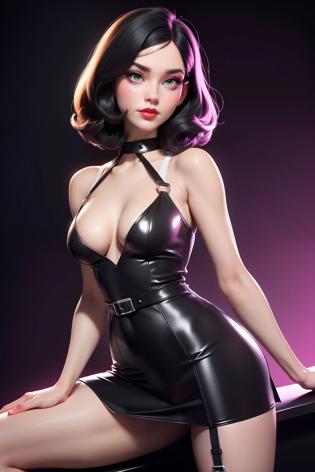 a hot and sexy femme fatal, woman in a black and white doted dress, wearing black and white doted dress, wearing 1960s fashion, 1960s style clothing, 1960s cloth style, dystopian retro 1960s vibe, straight black hair, green eyes, black eye liner, red lips, medium breasts, covered small hard nipples, Spy look, Black and White latex, White latex body leg harness, white choker, up skirt, open legs, Dramatic Light, cinema lighting from the 1960s vintage_sci-fi, chadpo, magenta background