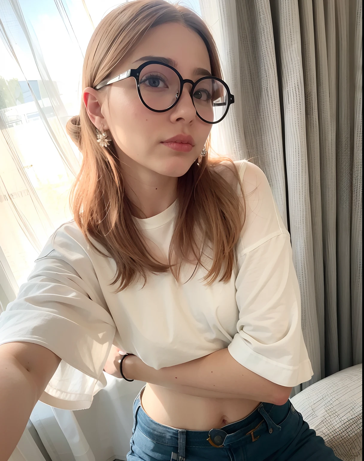 Hay una mujer con gafas posando para una foto, con gafas, usar gafas redondas grandes y delgadas, gafas gruesas, con gafas cuadradas, con gafas puestas, Vestido con una camiseta blanca, 2 4 year old female model, gafas redondas gruesas, wearing small round glasses, with backdrop of natural light, Chica con gafas, con el pelo rojo, usar gafas, 🤤 girl portrait