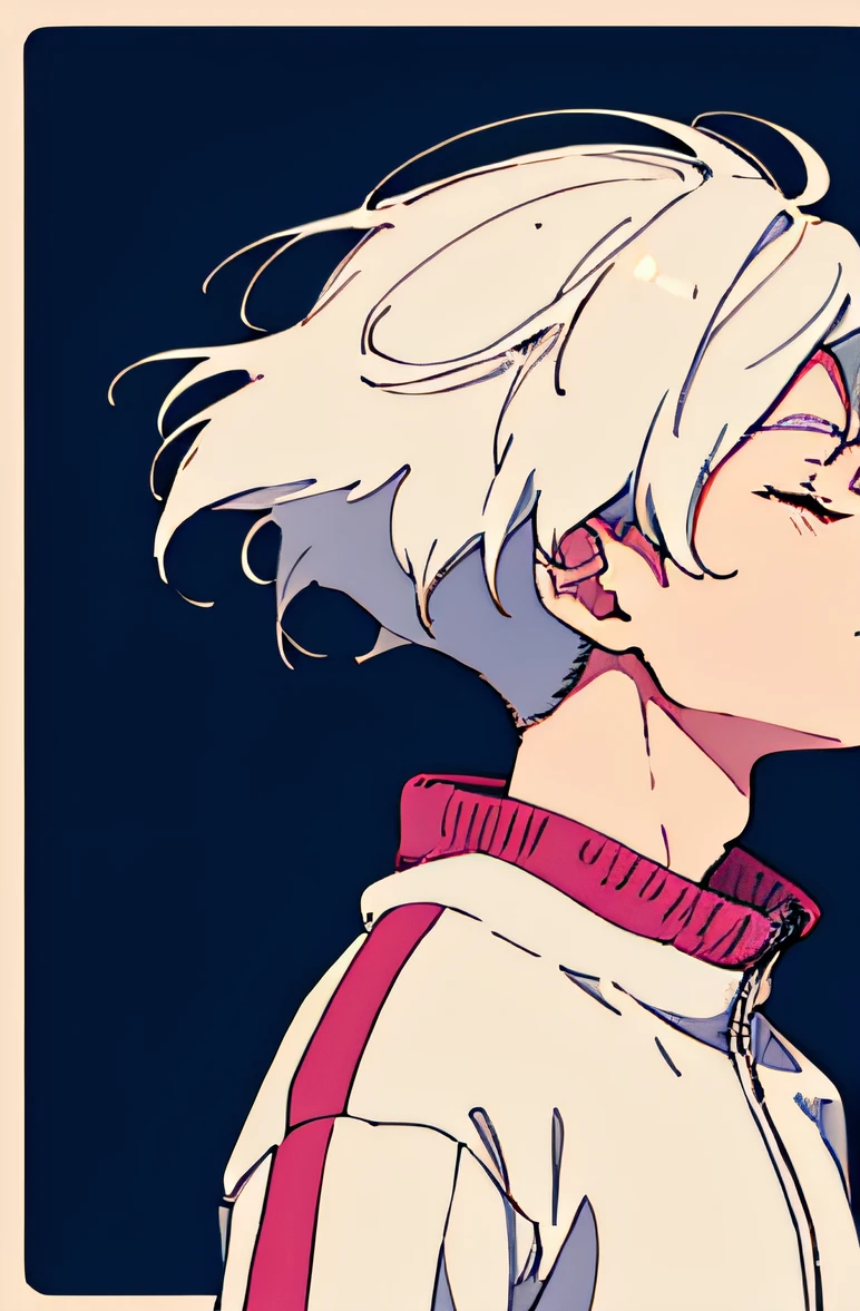 1 boy, solo, a young man, white hair, simple color, tracksuit wearing, closed eyes, white hair, flat color style, retro pop, blue and pink only, from the left, looking away:1.5, short hair, wind