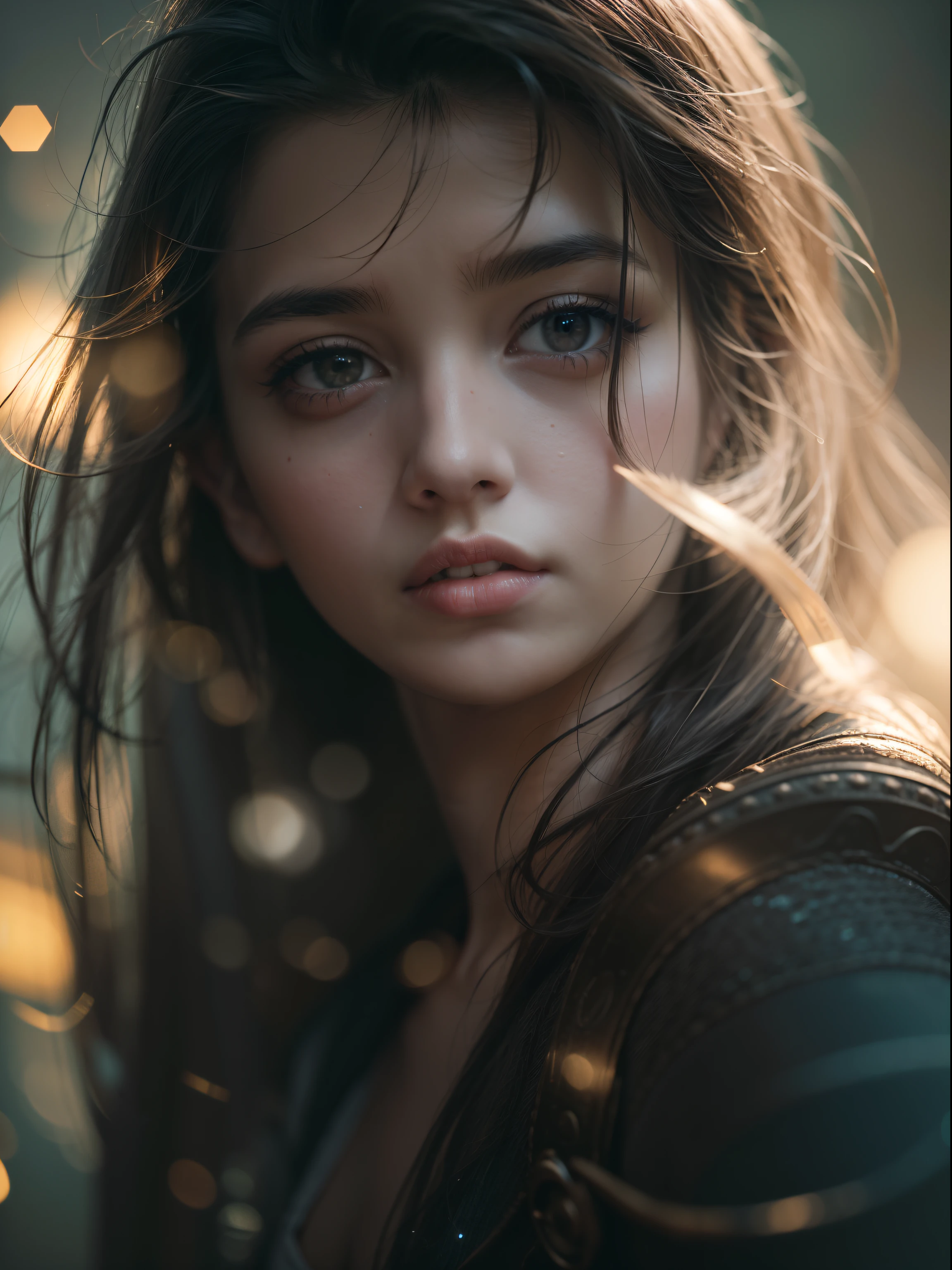 (best quality,4k,highres:1.2),ultra-detailed,realistic,photorealistic:1.37,A children, moody setting,portrait blurred background,metallic outfit,shot with Sony Alpha 7 DSLR,beautiful detailed eyes,beautiful detailed lips,emotionally expressive face,long eyelashes,dark mysterious atmosphere,magical lighting,golden hour glow, sunshine,reflective surface,high contrast,soft shadows,mysterious mist,subtle hints of fog,lens flare,chromatic aberration,rich and vibrant colors,dramatic pose with a slight tilt of the head,focus on the girl's face,subtle bokeh effects