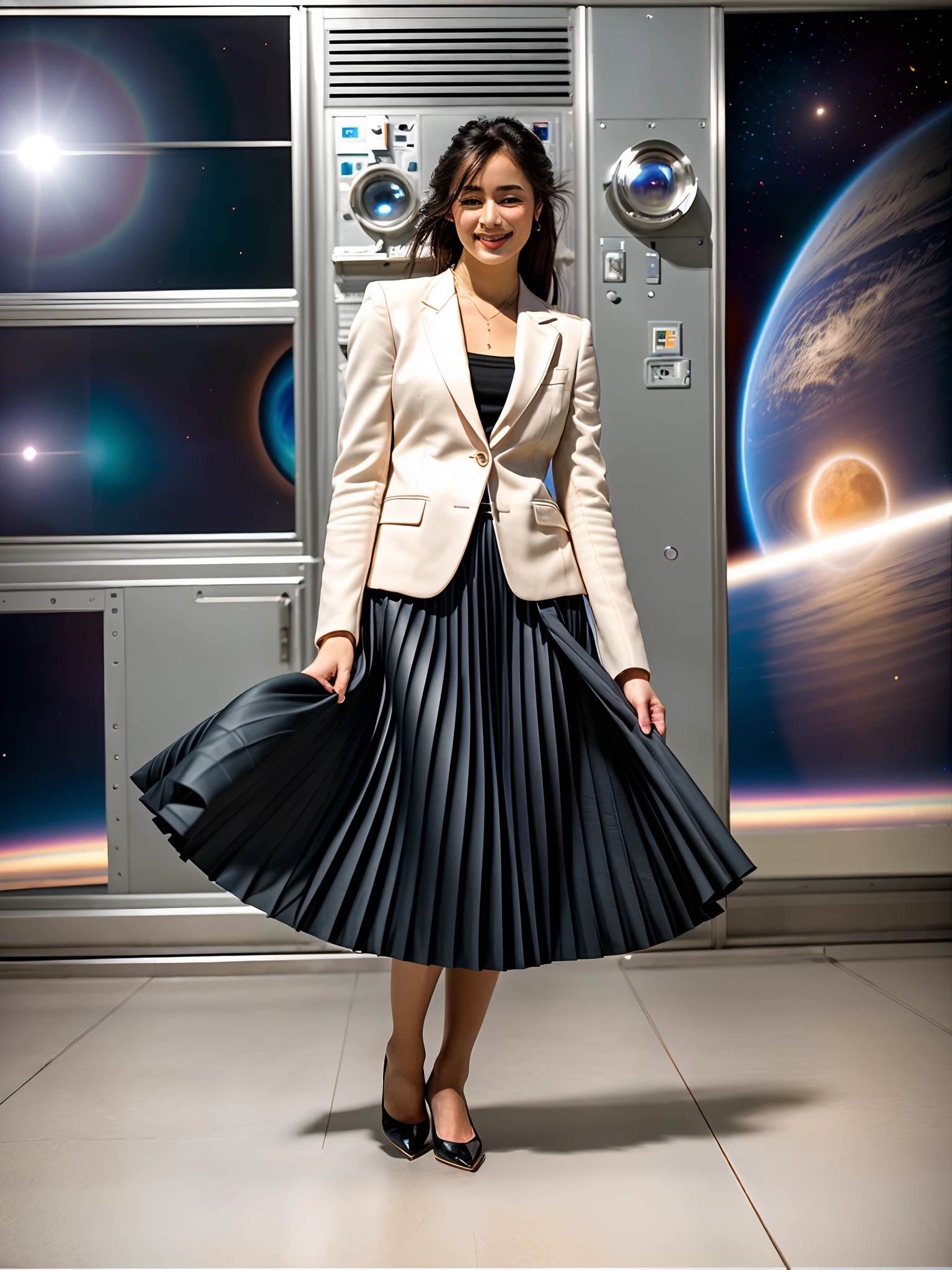 (shy:1,3) smiling woman playing with skirt, dancing, wearing short blazer and very very detailed (long (fully pleated) full circle skirt) and (simple) low heeled office shoes, very very intricate hyper-detailed symmetric (attractive graceful young feminine face) with (sad, tired eyes and a shy smile), large breasts, full of empathy and compassion and love, (pronounced (feminine) features), (highly detailed ultra accurate realistic) hands and fingers, (windy conditions and wind blowing), epic composition, highly detailed attributes, highly detailed space station background, (35mm f1.4 Kodak portra 400 photograph), extremely high quality RAW photograph,