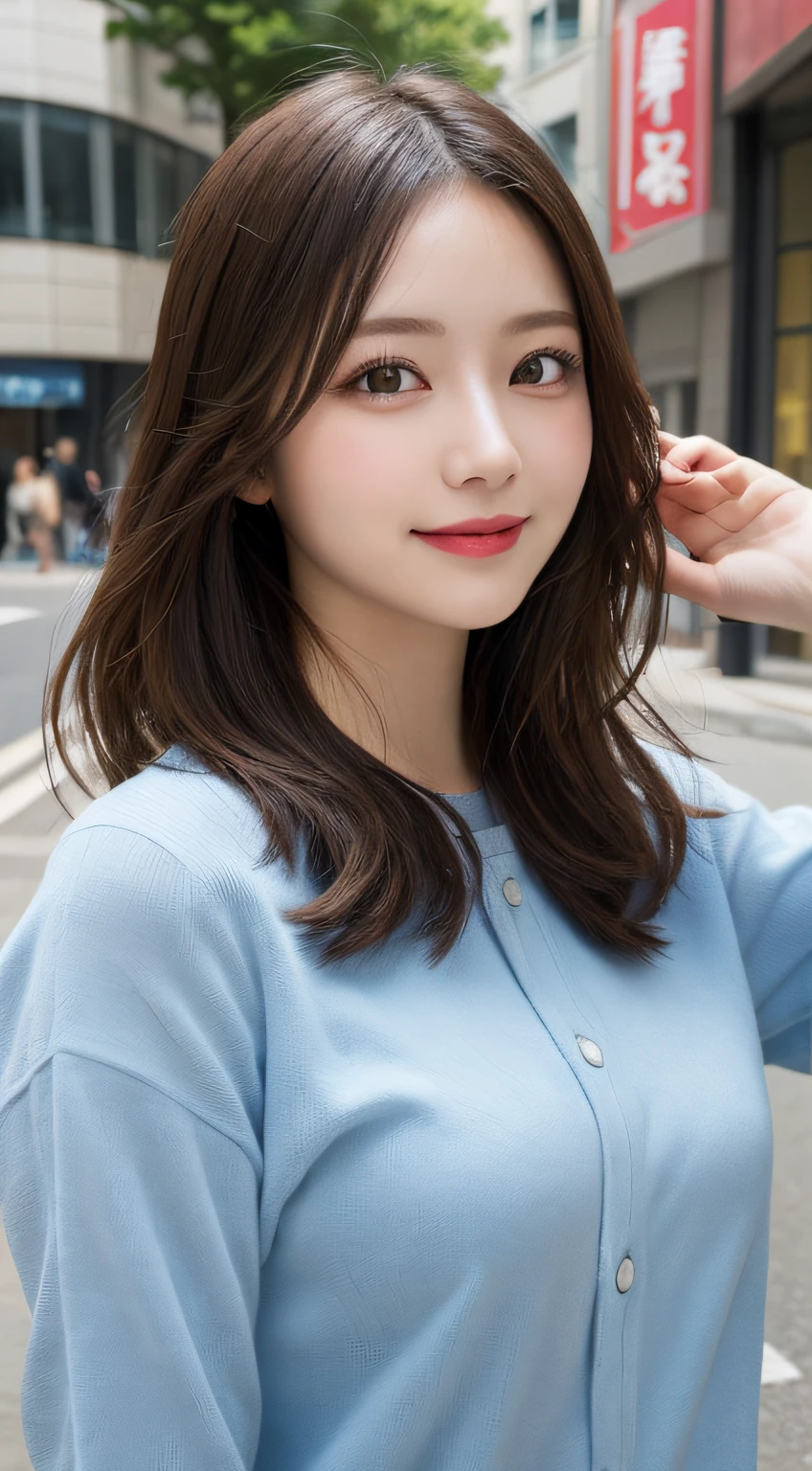 masutepiece, Best Quality, Illustration, Ultra-detailed, finely detail, hight resolution, 8K Wallpaper, Perfect dynamic composition, Beautiful detailed eyes, doress,Medium Hair, Big are visible, Natural Color Lip, Random and sexy poses,Smile,Aoyama Street Walk、20 years girl