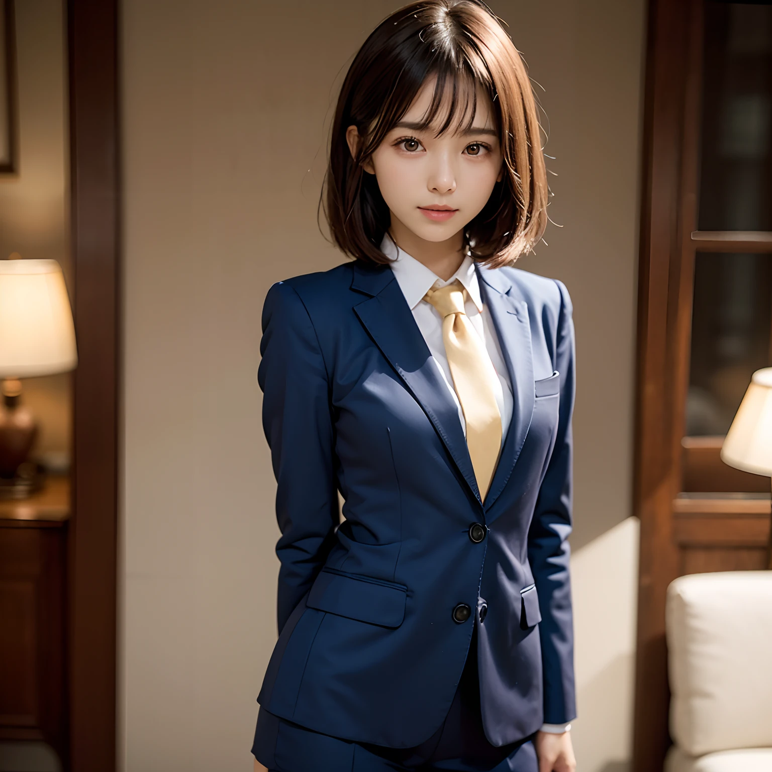 ((best quality)), ((masterpiece)), ((realistic)), ((1girl, solo,)),(navy suit),physique,(veryshort hair),ultra detailed brown eyes,ultra detailed human face,ultradetailed teeth, long sleeve,Airport lobby