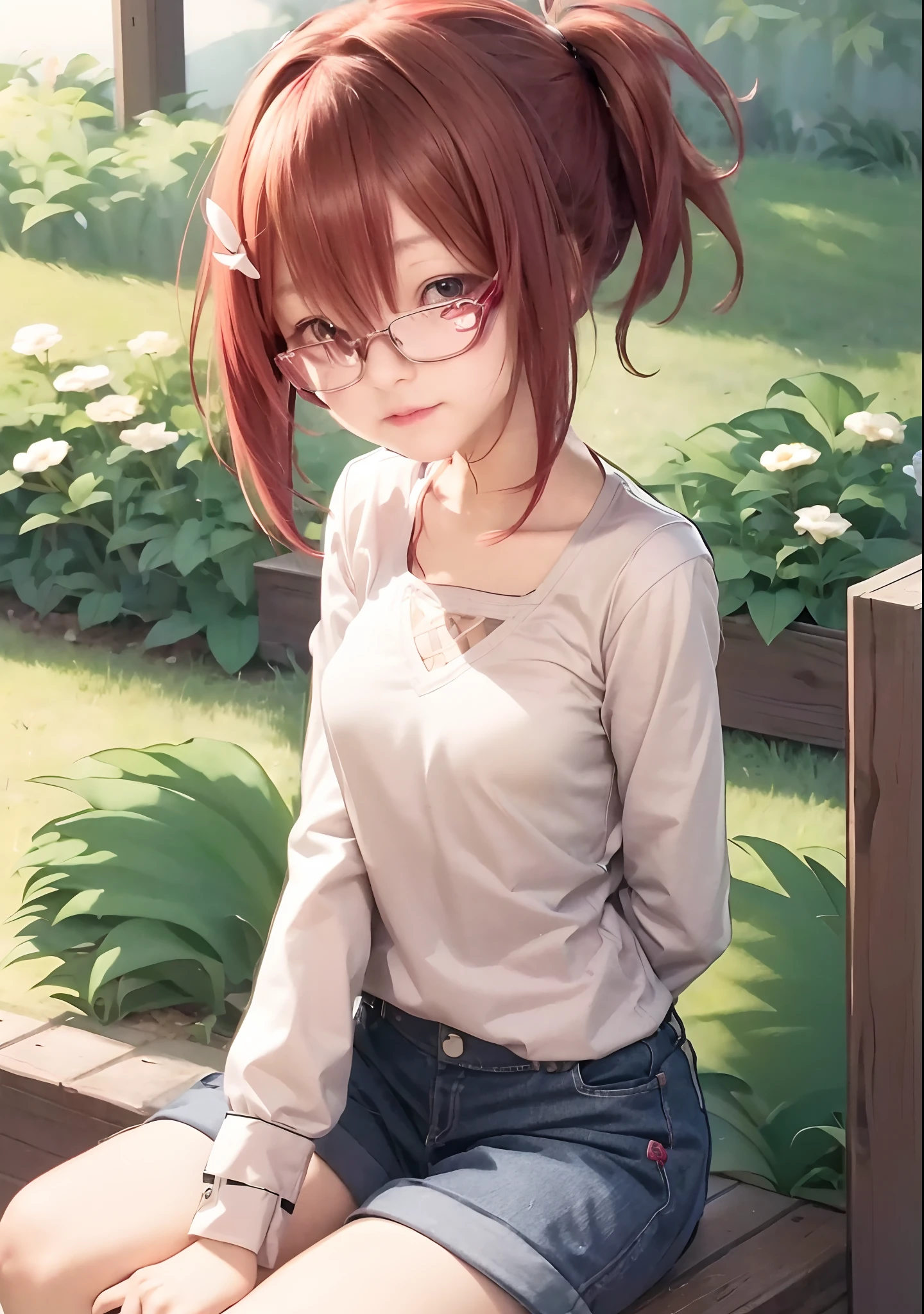 (masterpiece:1.2, Top quality),, Nice illustration, (Natural side Light, Light), 
Looking at the audience, 1 girl,Protruding nipples， wear glasses，Pink hair，White shirt clothes，Hip skirt pants，Large Breasts，Sitting in the park pavilion