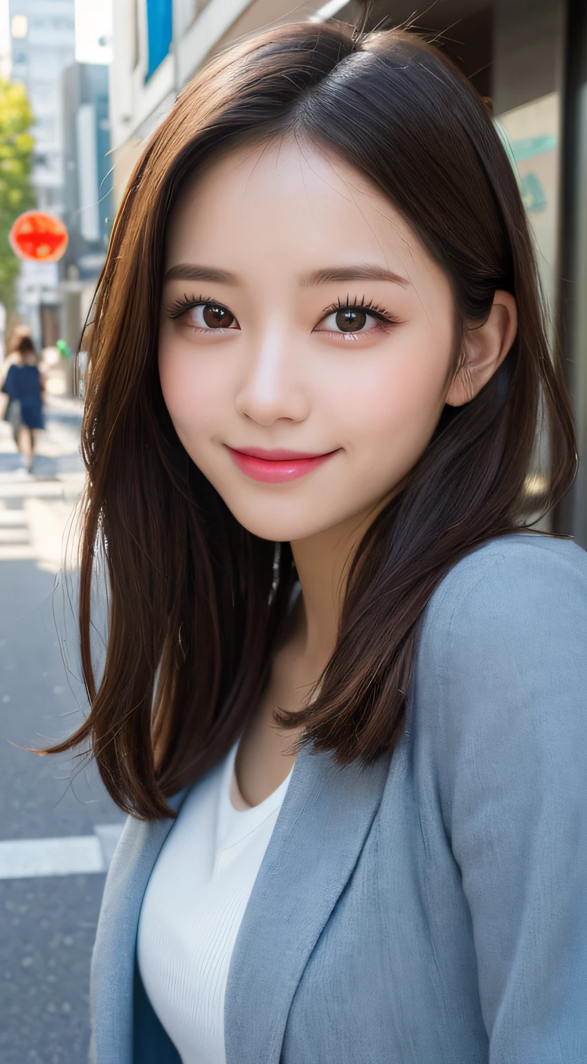 masutepiece, Best Quality, Illustration, Ultra-detailed, finely detail, hight resolution, 8K Wallpaper, Perfect dynamic composition, Beautiful detailed eyes, doress,Medium Hair, Big are visible, Natural Color Lip, Random and sexy poses,Smile,Aoyama Street Walk、20 years girl