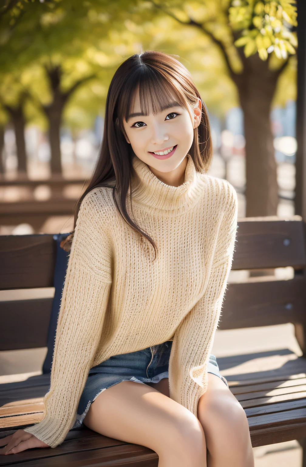 ((top-quality、in 8K、masterpiece:1.3))、beautiful japanese female、With dimples、Wear an open-neck sweater、Beautiful legs、sit on a bench