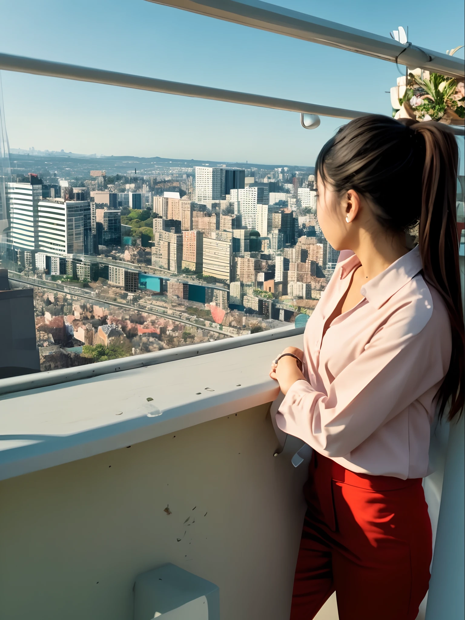 woman standing on a balcony looking out over a city, 8 k. filling of the view, panoramic view of girl, low quality video, very very low quality picture, 8 k. filling most of the view, looking at the city, great view, looking over city, in a rooftop, humongous view, hiding in the rooftops