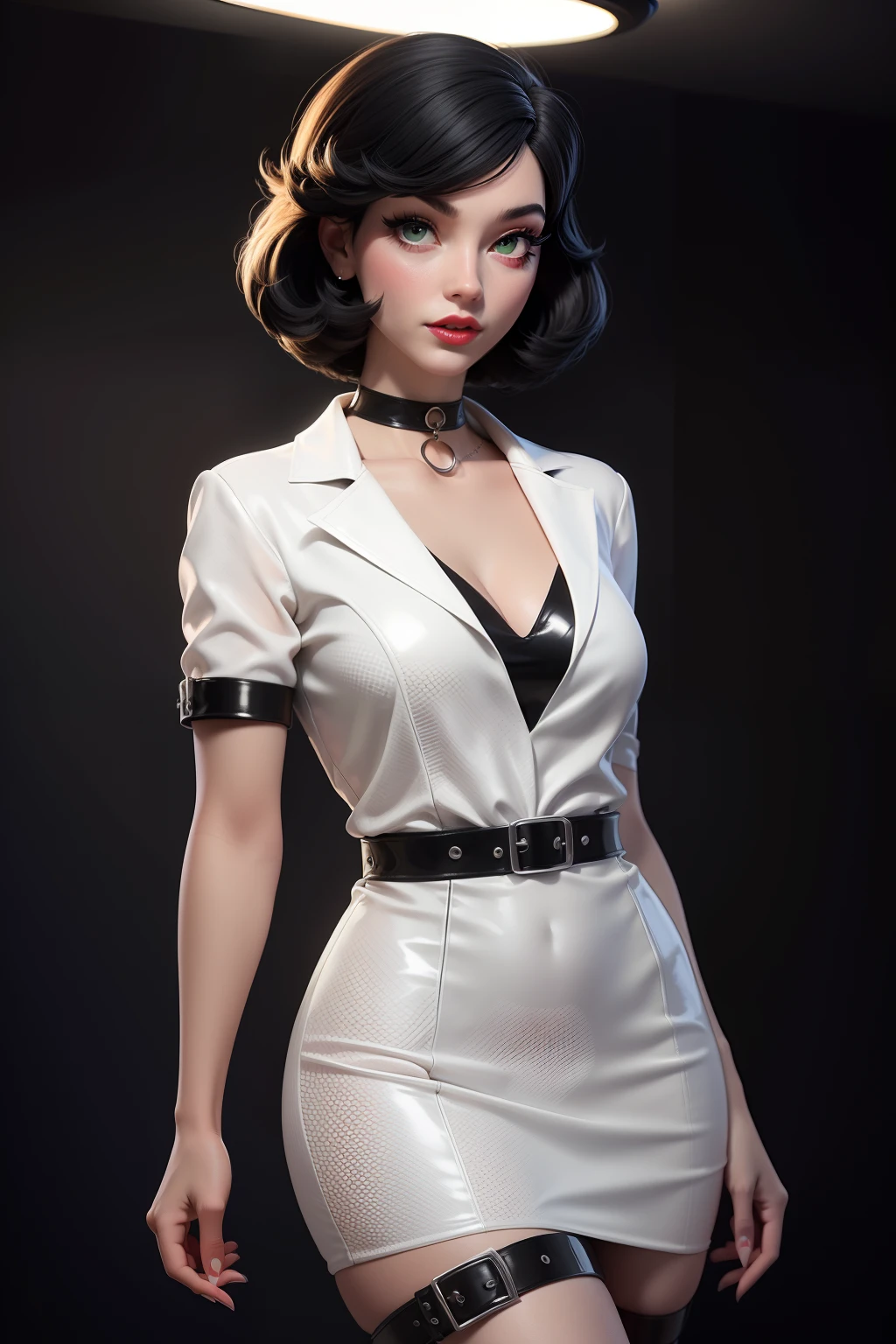 a sexy femme fatal, woman in a black and white doted dress, wearing black and white doted dress, wearing 1960s fashion, 1960s style clothing, 1960s cloth style, dystopian retro 1960s vibe, straight black hair, green eyes, black eye liner, red lips, medium breasts, covered small nipple, Spy look, Black and White latex, White latex body leg harness, white choker, Dramatic Light, cinema lighting from the 1960s vintage_sci-fi, chadpo