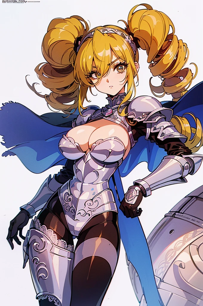 "(masterpiece:1.1), best quality,
1girl, (80s anime style:1.4), (eyelashes:1.5),
(intricate high detailed body:1.2),
yellow hair,
(hair over one eye:1.1),(twintails, drill hair:1.1), (headband:1.2),
brown eyes, (red lip stick, detailed pupils:1.1),
(muscular body:1.2), (gigantic breasts:1.1),
shy,
(lace body suit armor, cleavage cutout:1.2), (pantyhose:1.3),
(knight armor, armored boots:1.2), (fur:1.1), (accessories:1.1), long gloves,
standing, peace,
(cowboy shot, shoot from front:1.5),
(simple white background:1.2)"