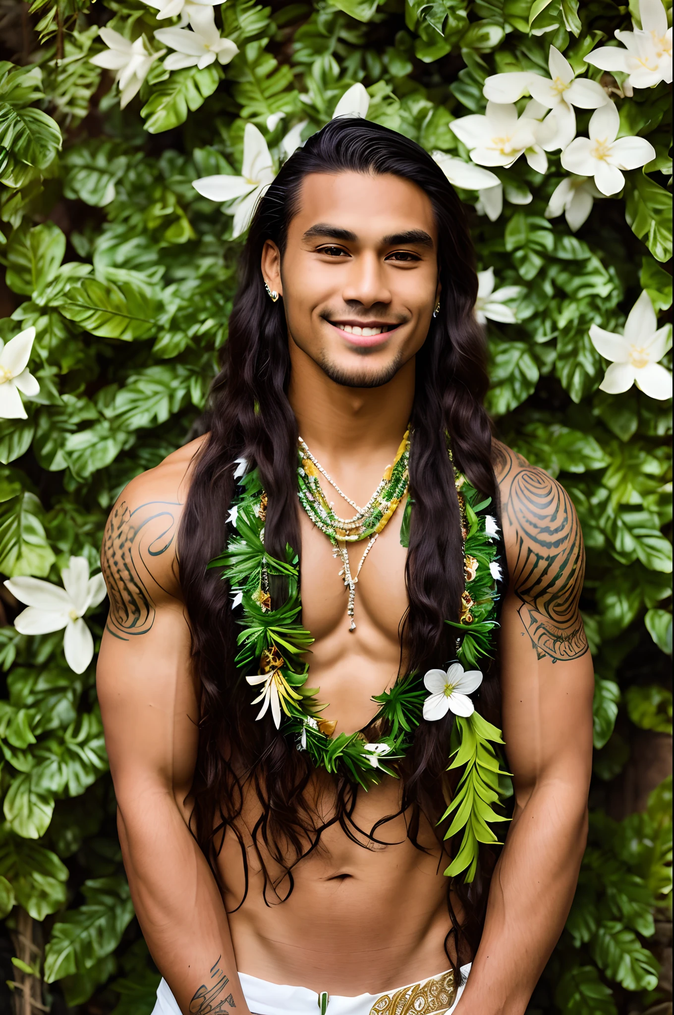 Polynesian style, Young man with long hair and green leaves on his head, Indigenous, beautiful man, Handsome men, Polynesian style, lean man with light tan skin,Indigenous necklace and white flower lei on neck, kindly smile、The background is the sea、upper body closeup、Indigenous Tattoos