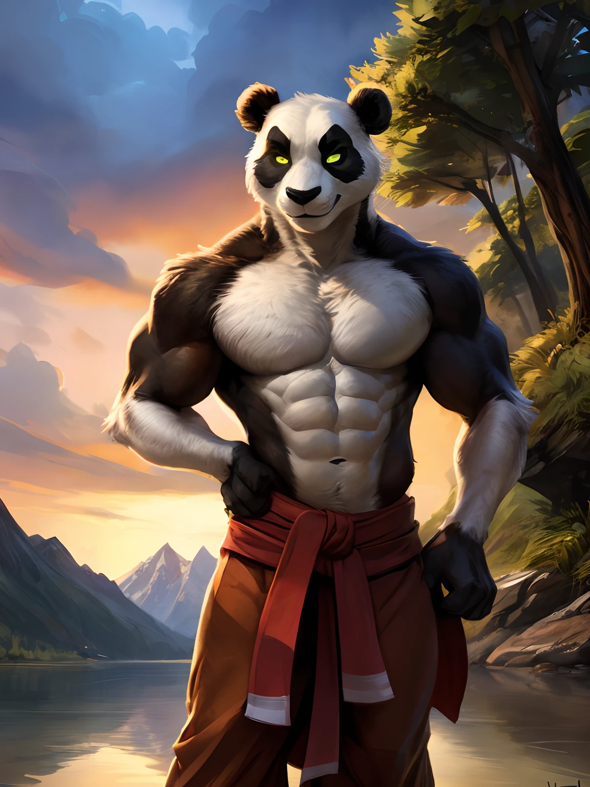 A battle panda，very muscular，(Hit the pectoral muscles hard)，Strong limbs，(Grip)，(attacking)，(Rolled up fists)，(Domineering)，(bellow)，Brown fur，(Thick eyebrows)，White belly，(smart)，Hideous face，(Huge body)，(Sideways angle)，(Heavy and swift pace)，Panda in battle，(sweat leggs)，(dynamic)，(combat suit)，(Muscular line feeling)，(The lens is close)，(immersive experience)，(combat scene) --auto