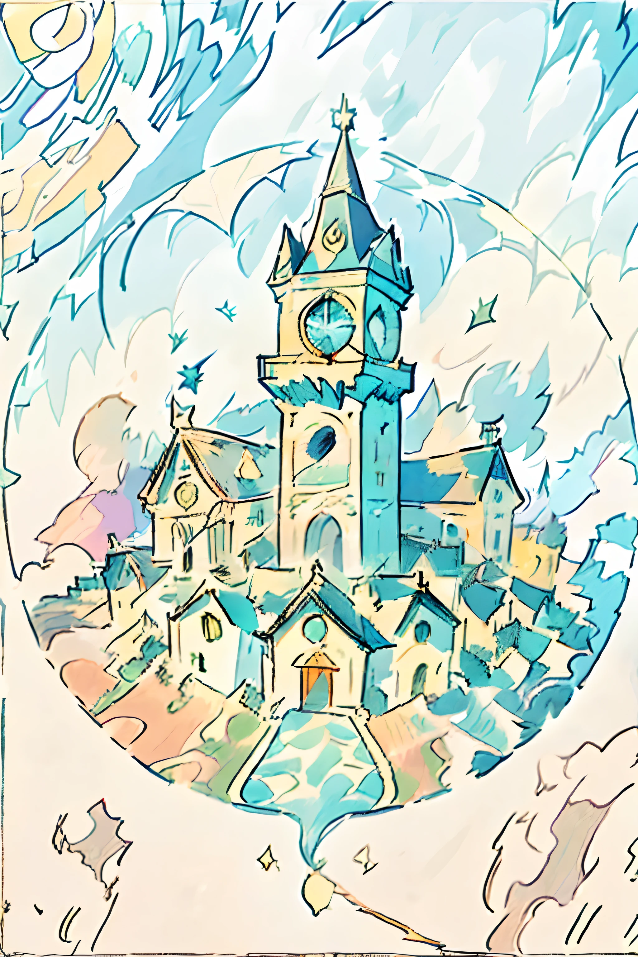 Flattened color illustrations,Blue sky and day,Ultra-rich color detail,Drawing of a circular bell tower with a building as a background, town center background, accurately drawn details, artwork of a building, conceptual drawing, Outline sketch, contour drawing, Color - Art, logo without text, town background, full page illustration, the clock tower, Line drawing, There are black strokes,Very nice color,There is a relationship between light and darkness,Rich colors,Art and film landscape background,Detail enhancement,k hd,8K landscape,(Rainbow all colors:1.8),Surrounded by colorful splashes,simplebackground