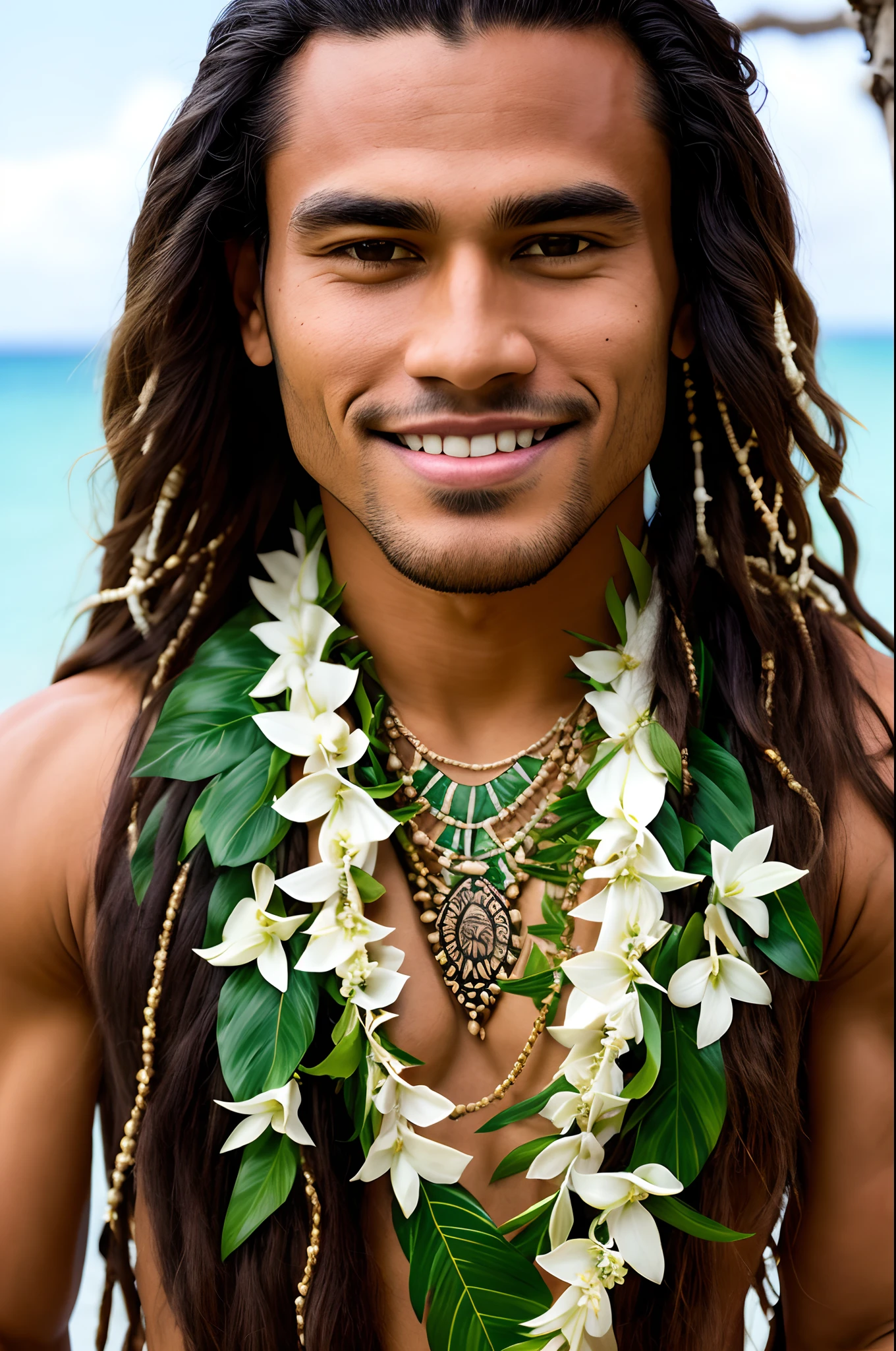 Polynesian style, Young man with long hair and green leaves on his head, Indigenous, beautiful man, Handsome men, Polynesian style, lean man with light tan skin,Indigenous necklace and white flower lei on neck, kindly smile、The background is the sea、upper body closeup、Indigenous Tattoos