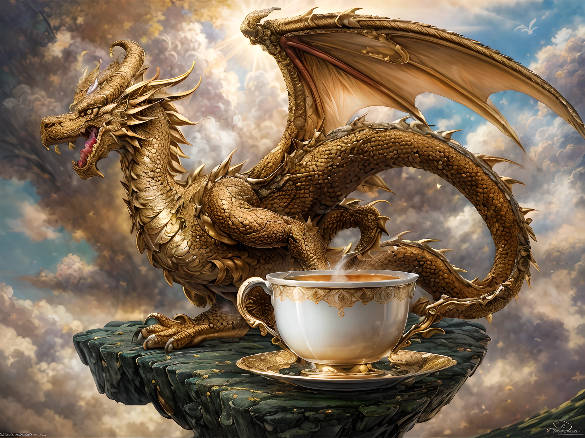 a picture of a gold dragon sitting on a massive rock , (holding a tea cup: 1.3), (drinking hot tea from a porcelain tea cup: 1.5) (best details, Masterpiece, best quality :1.5), dragon_real cloudy skies background, an epic gold dragon (best details, Masterpiece, best quality :1.5) extremely detailed dragon,  horns, dragon_wings, dragon wings wide spread, ultra detailed face,  the tea cup is majestic, with intricate decorations  (best details, Masterpiece, best quality :1.3), steam rising from the tea cup, birds view, sun rays, red divine rays, sun rays reflected in clouds (best details, Masterpiece, best quality :1.5), sense of serenity sense of awe majestic atmosphere, ultra best realistic, best details, best quality, 16k, [ultra detailed], masterpiece, best quality, (extremely detailed), ultra wide shot, photorealism, depth of field, hyper realistic painting,