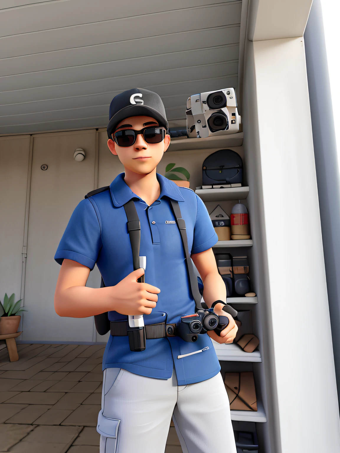 Um jovem parado na frente, Holding drone controller and wearing sunglasses, Against the backdrop of countryside with plantation