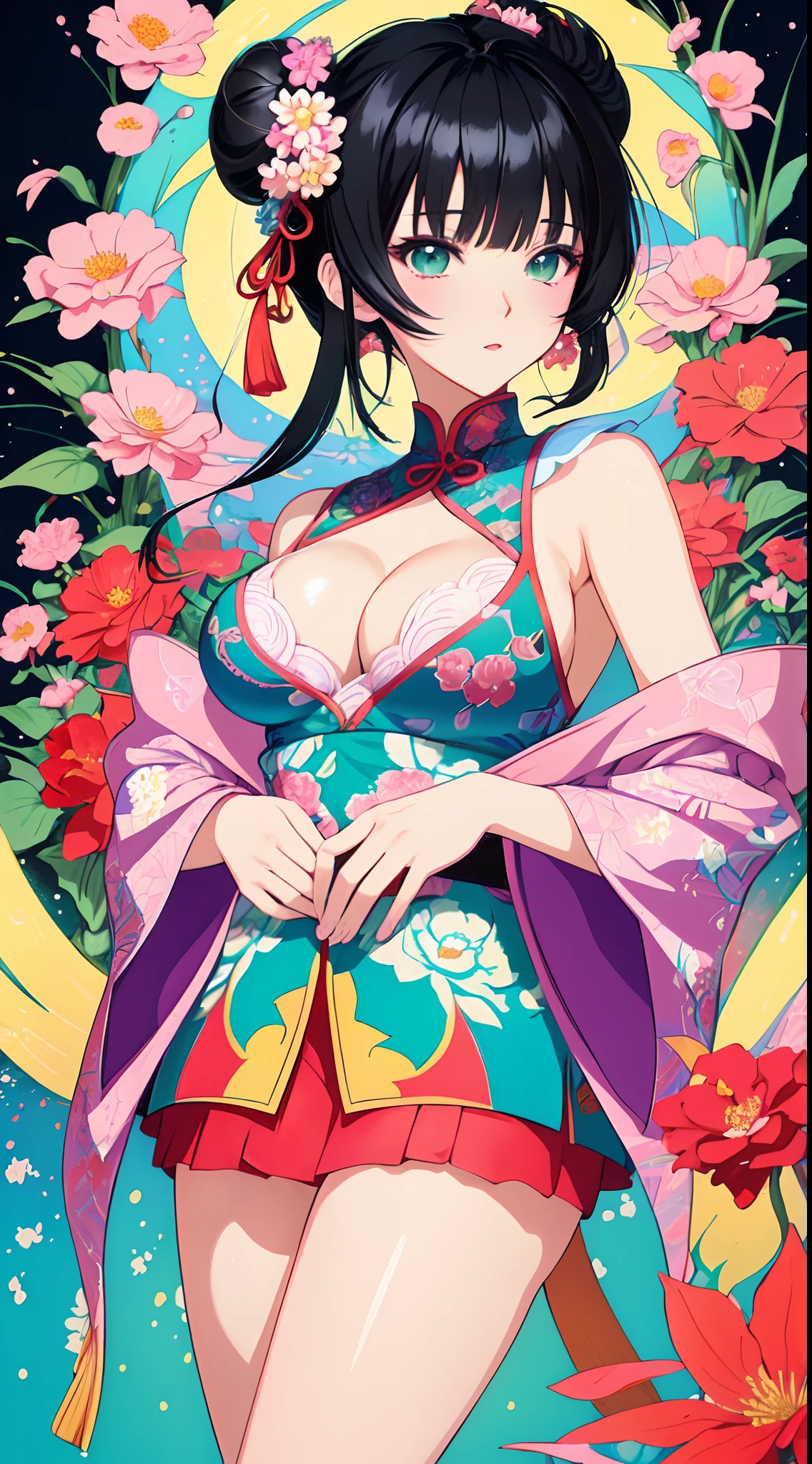 Risograph, Satoshi Kon, Pointilist, (The character's positioning: her body is fully turned towards the viewer tying her hands around her abdomen and looking curiously and intensely to viewer) Vector, High contrast, sensual adult body, High-Resolution (8k), Precisionist art, Monet art style colour grading, Advanced Ray tracing, Unique Perspective, Professional Line Art Style, high Camera Angle, Highly Detailed, Masterful Artistry, Vibrant Colors, 135mm lens, (bokeh) Studio Lighting, Concept: Anime character with glowing, hyper - fair skin, wearing a insanely daring hyper-cleavage glistening hyper-short dress with a unique design made by recurring repetitive patterned floral turkish style chintz, character's hair with black, cut in a modern style, featuring short and straight-cut bangs and tightly and strictly gathered straight hair on both sides of the head forming a bun, large size breast, Luminescent Anime Style Artwork, Elaborate Details, Composition: A captivating anime character with modern Japanese styling, full-body artwork, Beautiful Anime Illustration, High-Quality Artistry, (hyper-intricate Background in the style of floral turkish style chintz ), intricate line art painting-inspired art of an enchanting anime character by Osamu Tezuka, ((black hair))