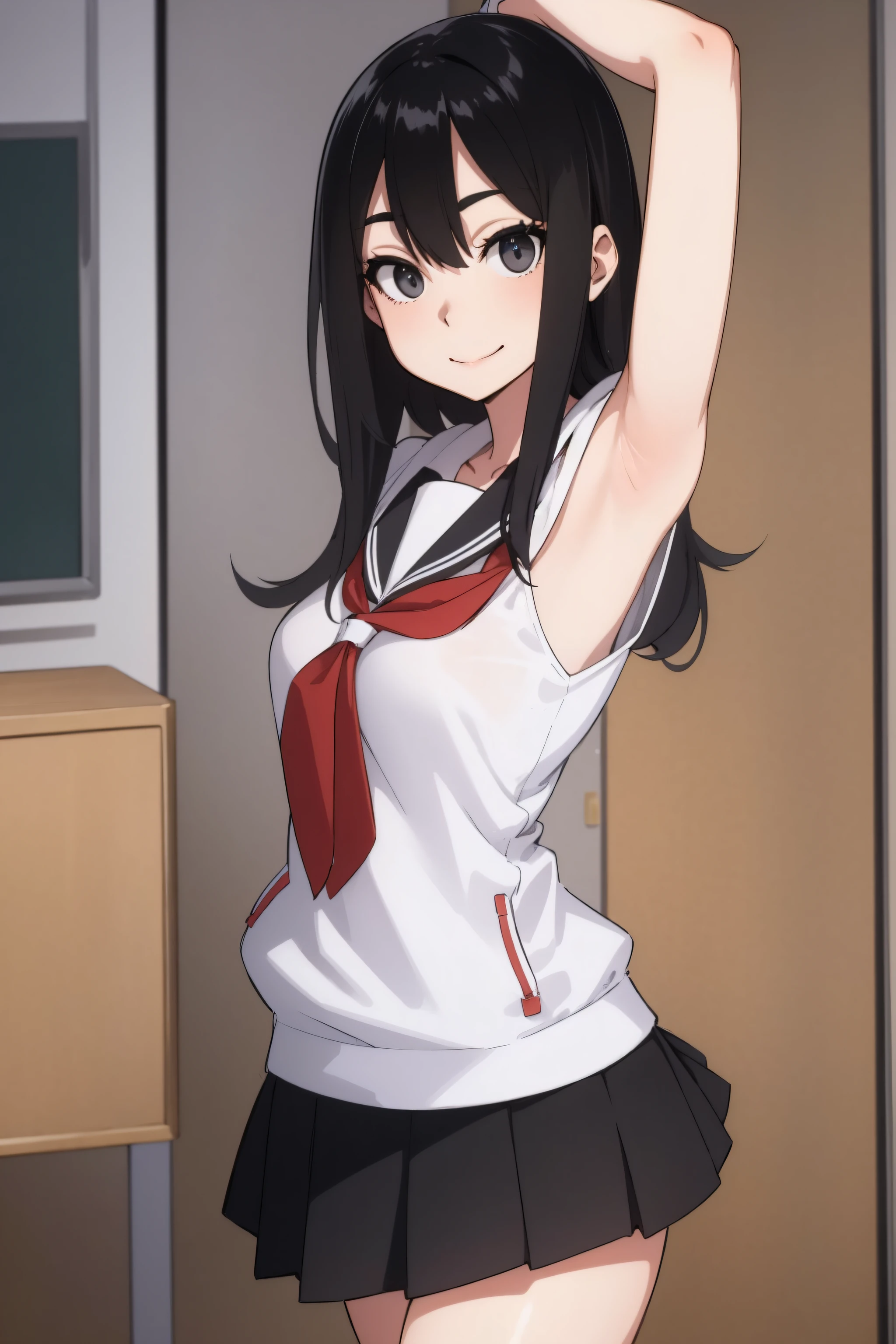 sakiyoshida, saki yoshida, long hair, hair between eyes, (black eyes:1.5), black hair,
BREAK school uniform, hoodie, bow, skirt,
BREAK indoors, classroom,
BREAK looking at viewer, (cowboy shot:1.5),armpits,arm up,seductive smile, 
BREAK (masterpiece:1.2), best quality, high resolution, unity 8k wallpaper, (illustration:0.8), (beautiful detailed eyes:1.6), extremely detailed face, perfect lighting, extremely detailed CG, (perfect hands, perfect anatomy),