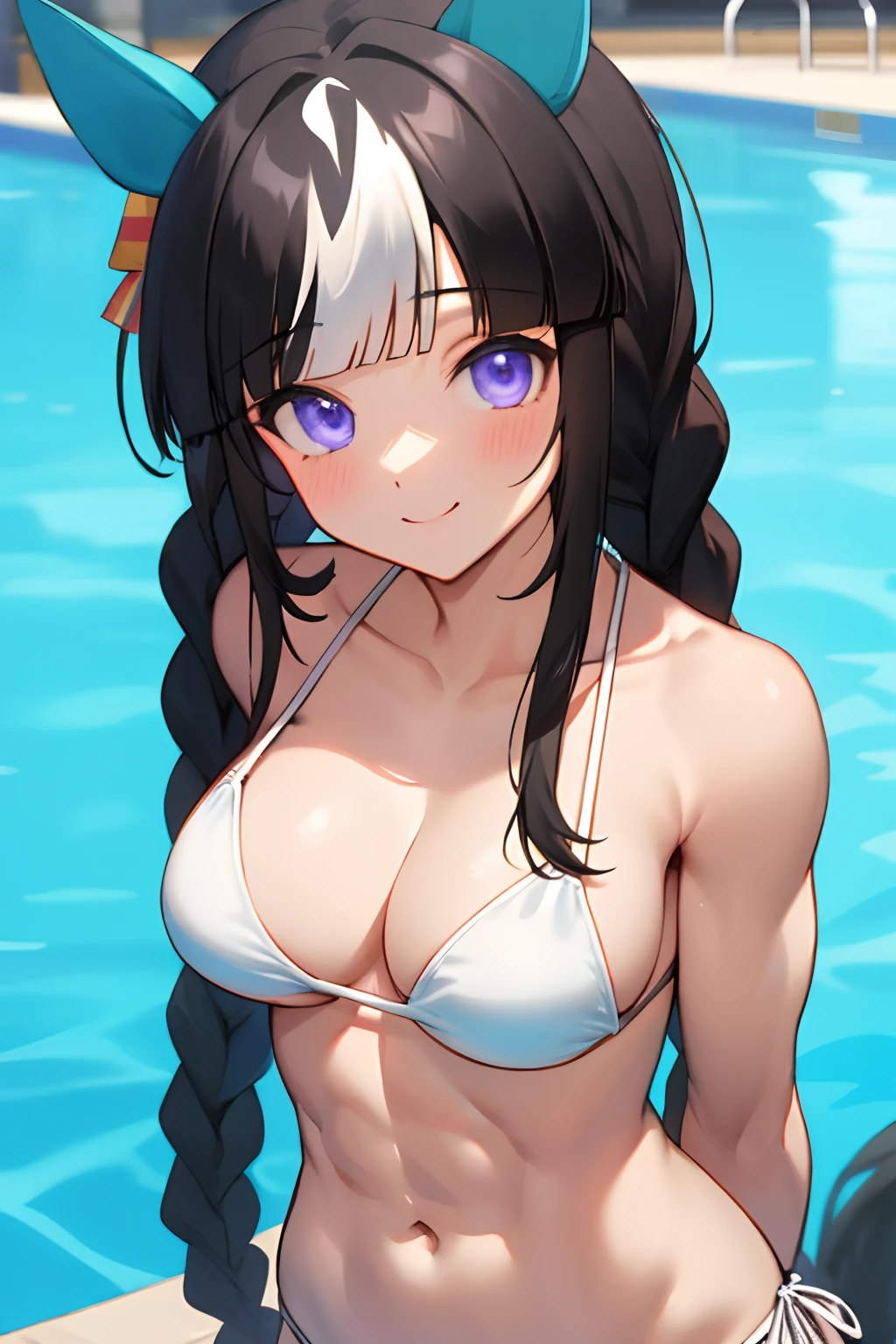 hokko tarumae \(umamusume\), masterpiece, best quality, ultra-detailed face, muscular girl, abs, front, upper body, white bikini, horse tail, pool, smile, large tits, arms behind back, abdominal